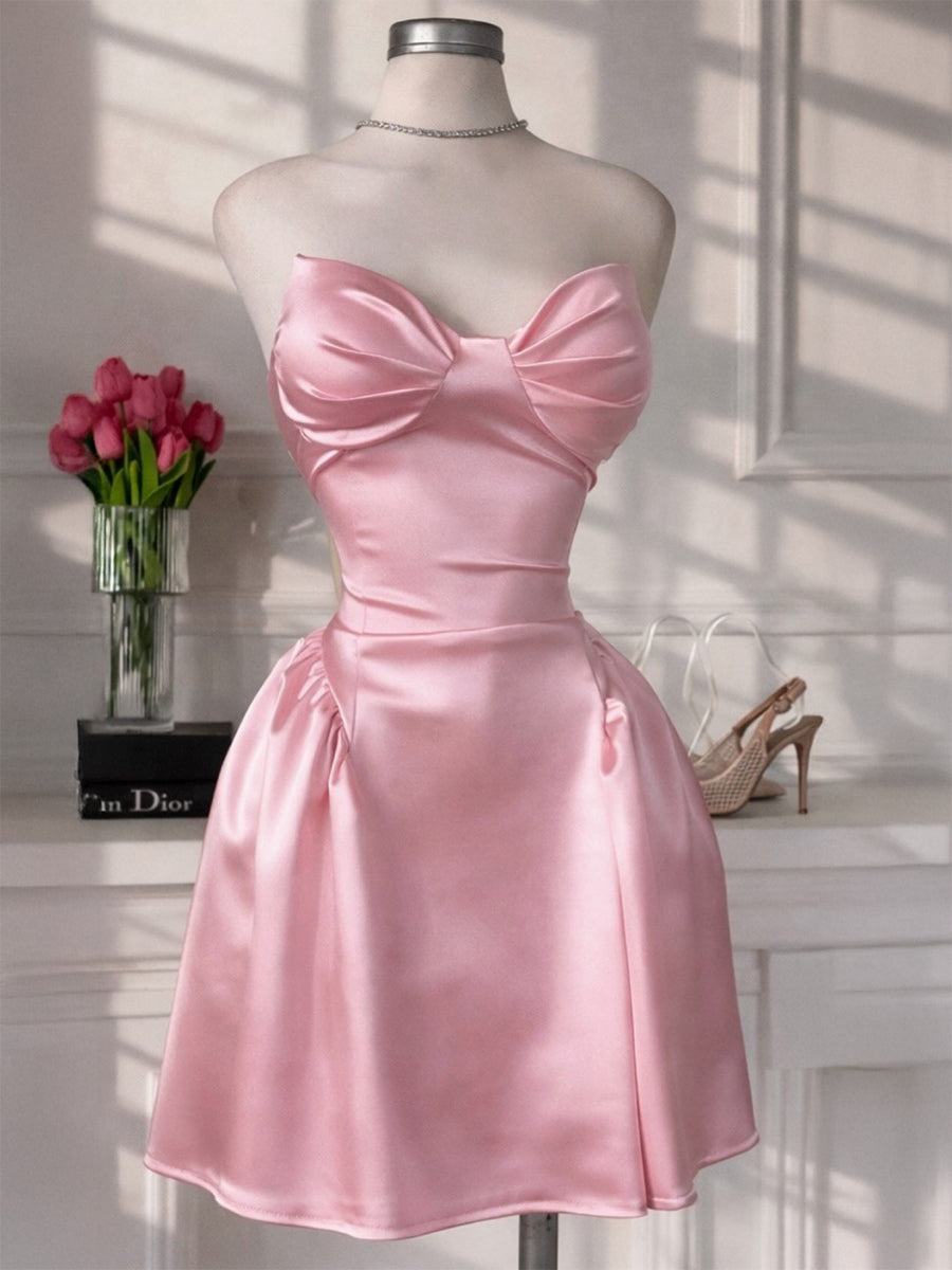 A-Line/Princess Homecoming Dresses Satin Sweetheart Sleeveless Short/Mini Dresses With Pleats/Back Lace-Up