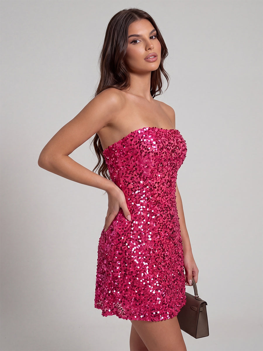 Sheath/Column Homecoming Dresses Sequin Dresses Strapless Sleeveles Short/Mini With Back Zipper