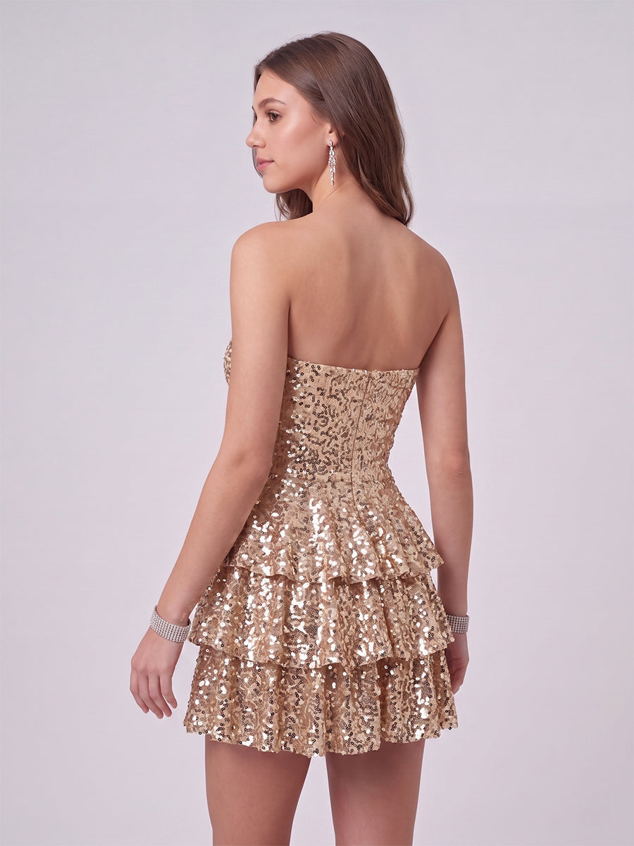 A-Line/Princess Homecoming Dresses Sequin Dresses Strapless Sleeveles Short/Mini With Ruffles/Back Zipper