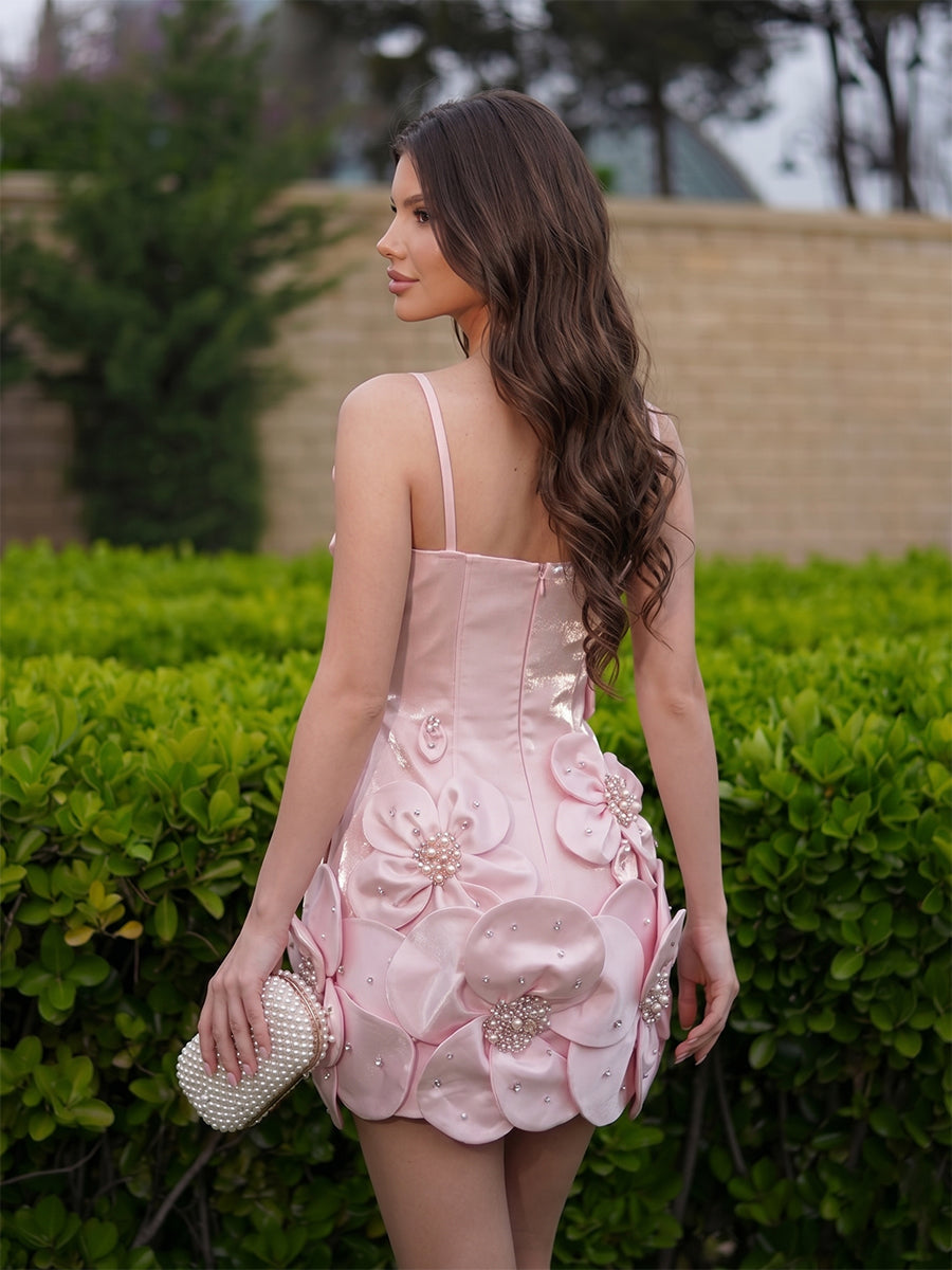 Sheath/Column Homecoming Dresses Spaghetti Straps Sleeveles Short/Mini Satin Floral Dresses With 3D Flowers/Beads/Back Zipper