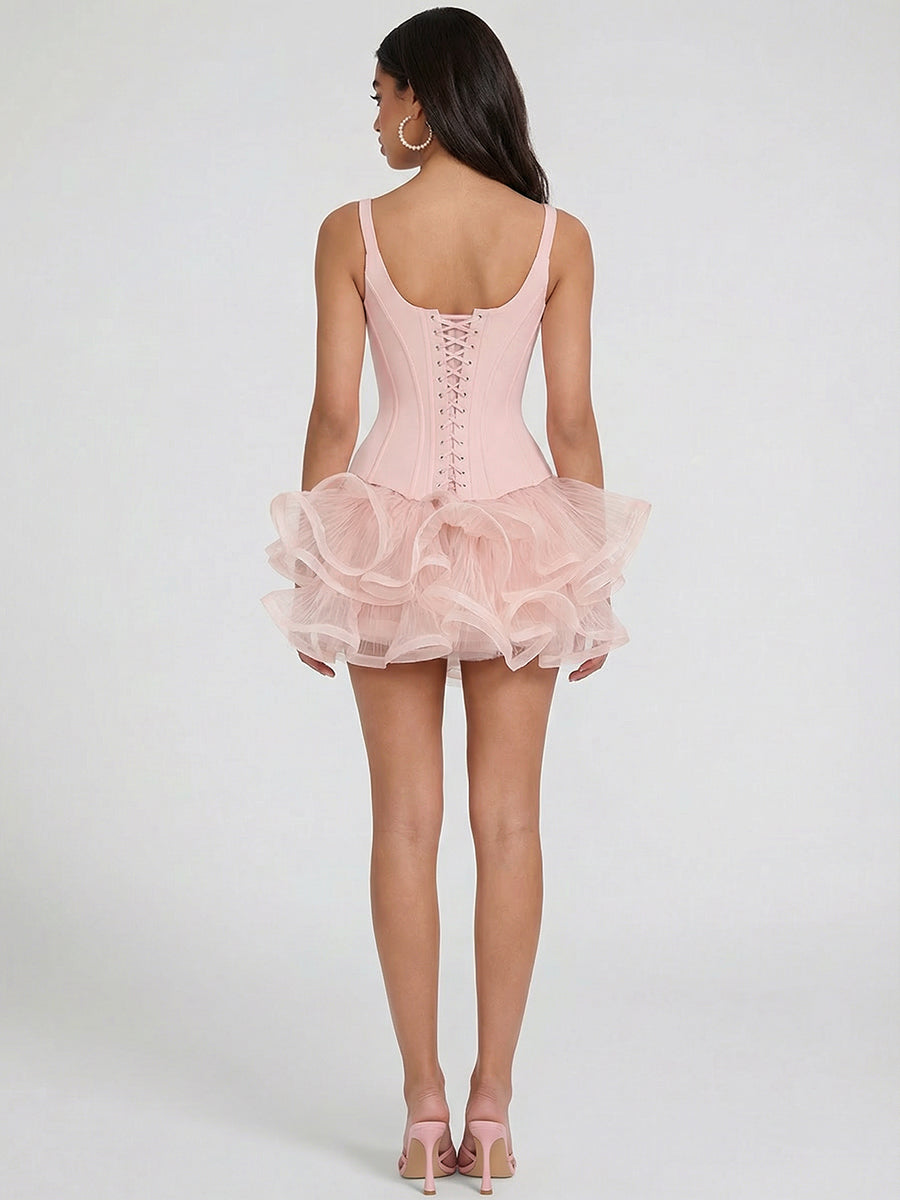 A-Line/Princess Homecoming Dresses Party Dresses Corset Square Neck Sleeveless Short/Mini Satin&Organza Dresses Short Prom Dresses With Back Lace-Up