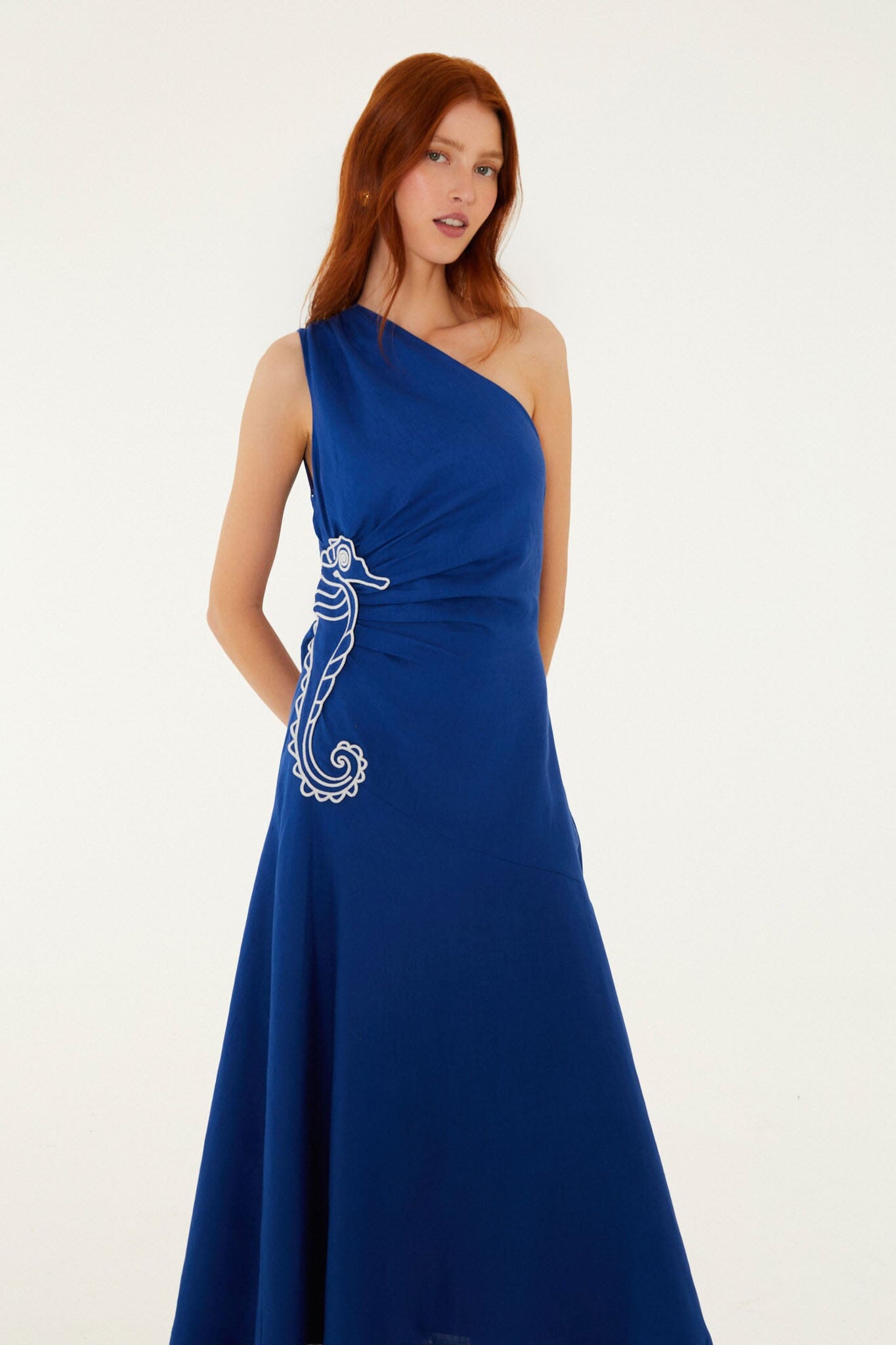 Blue Seahorse Embroidery One-Shoulder  Maxi Dress