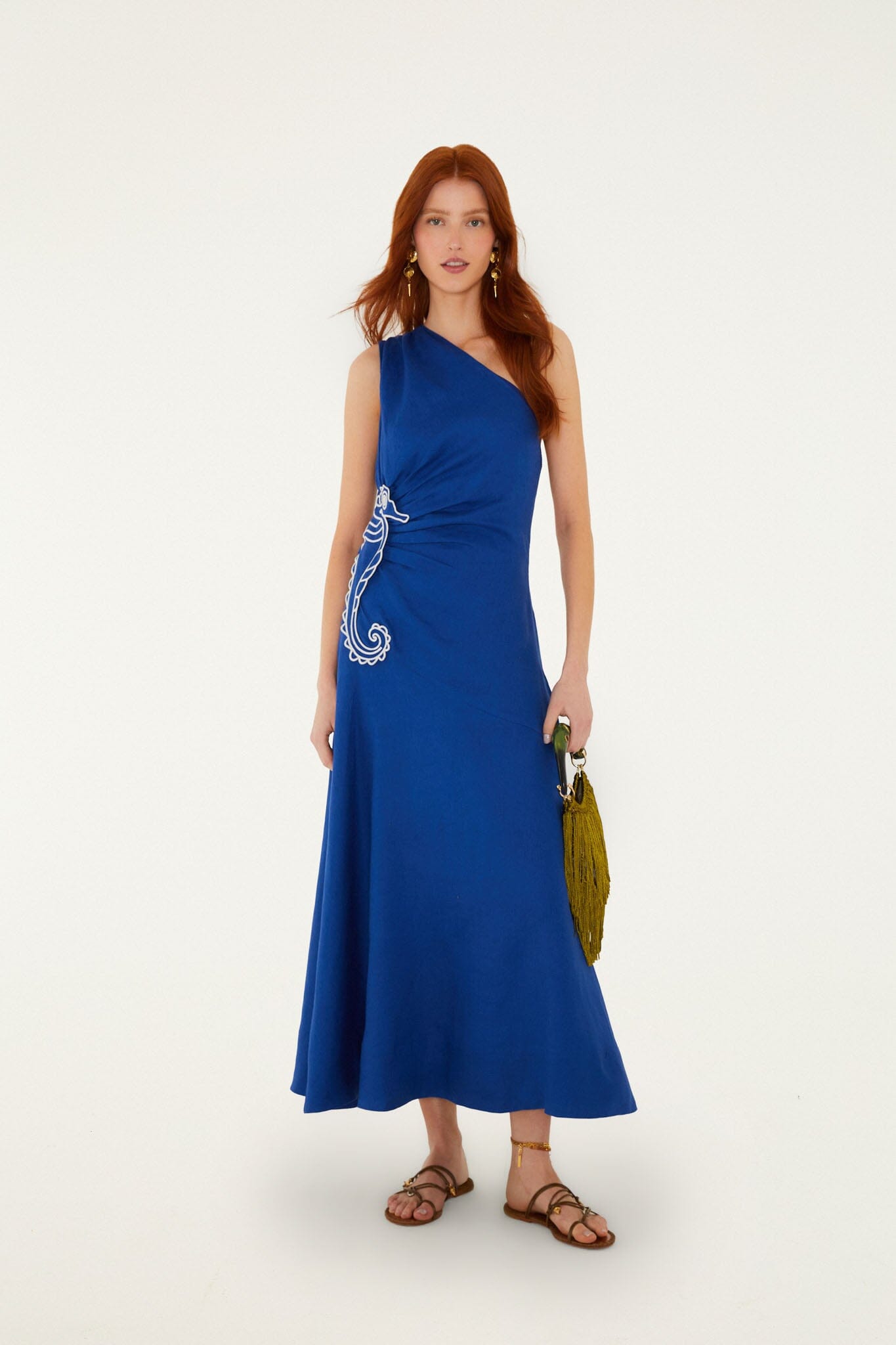 Blue Seahorse Embroidery One-Shoulder  Maxi Dress