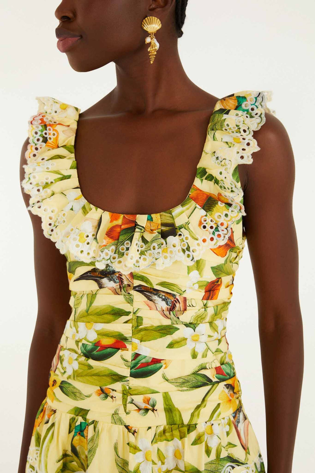 Soft Yellow Brasil Collage Lace Ruffled Mini Dress