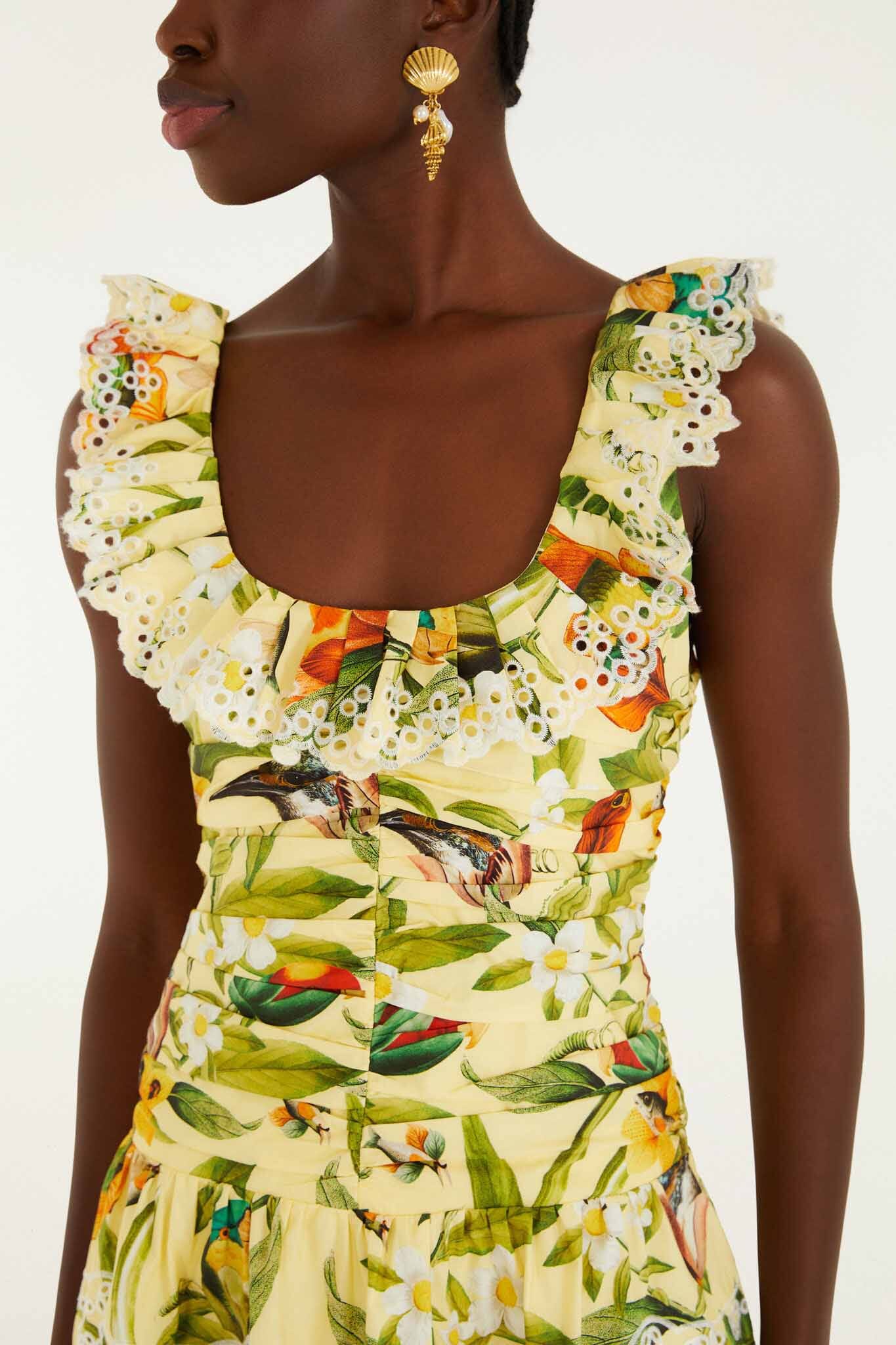 Soft Yellow Brasil Collage Lace Ruffled Mini Dress