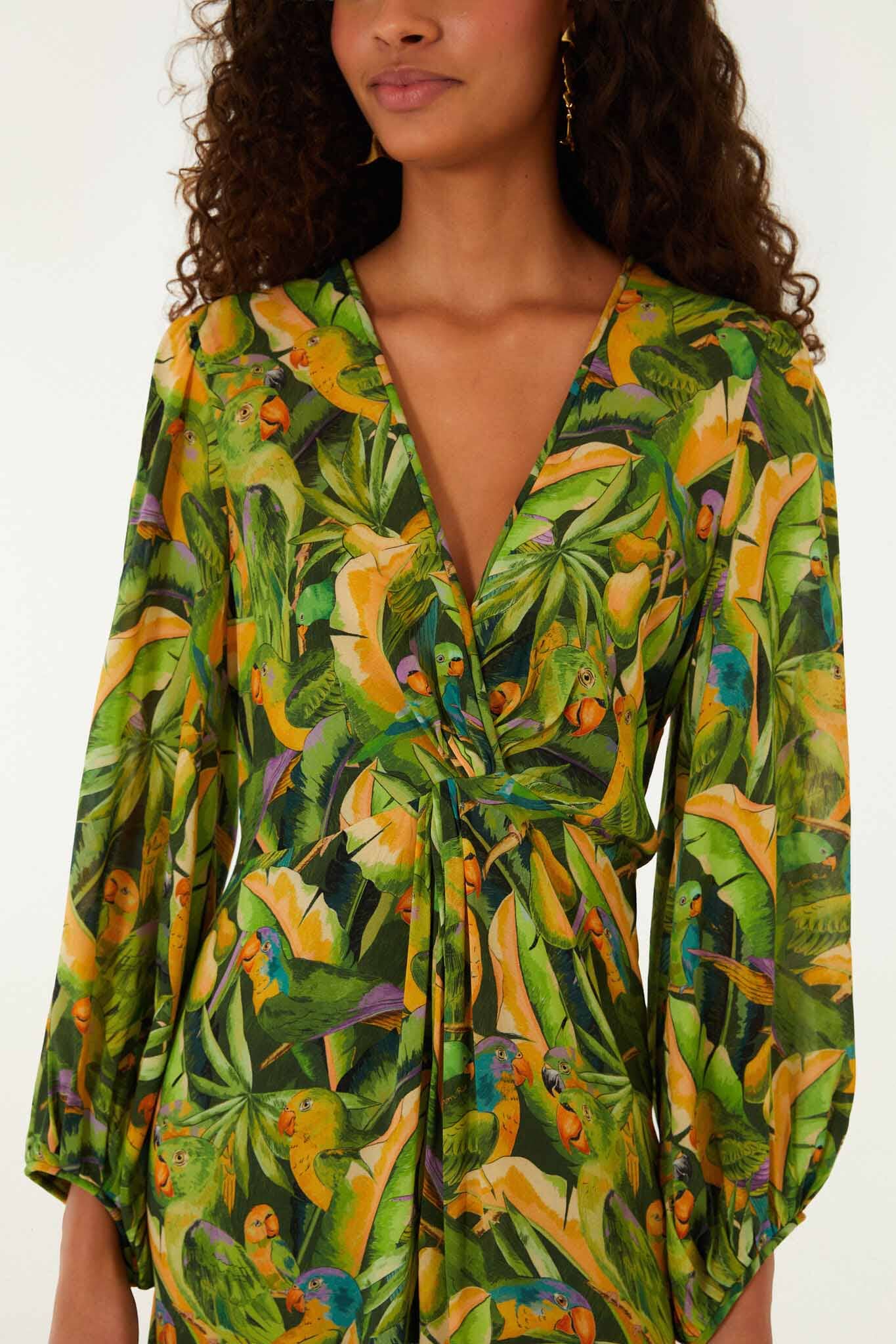 Green Forest Parrots Long Sleeve Midi Dress