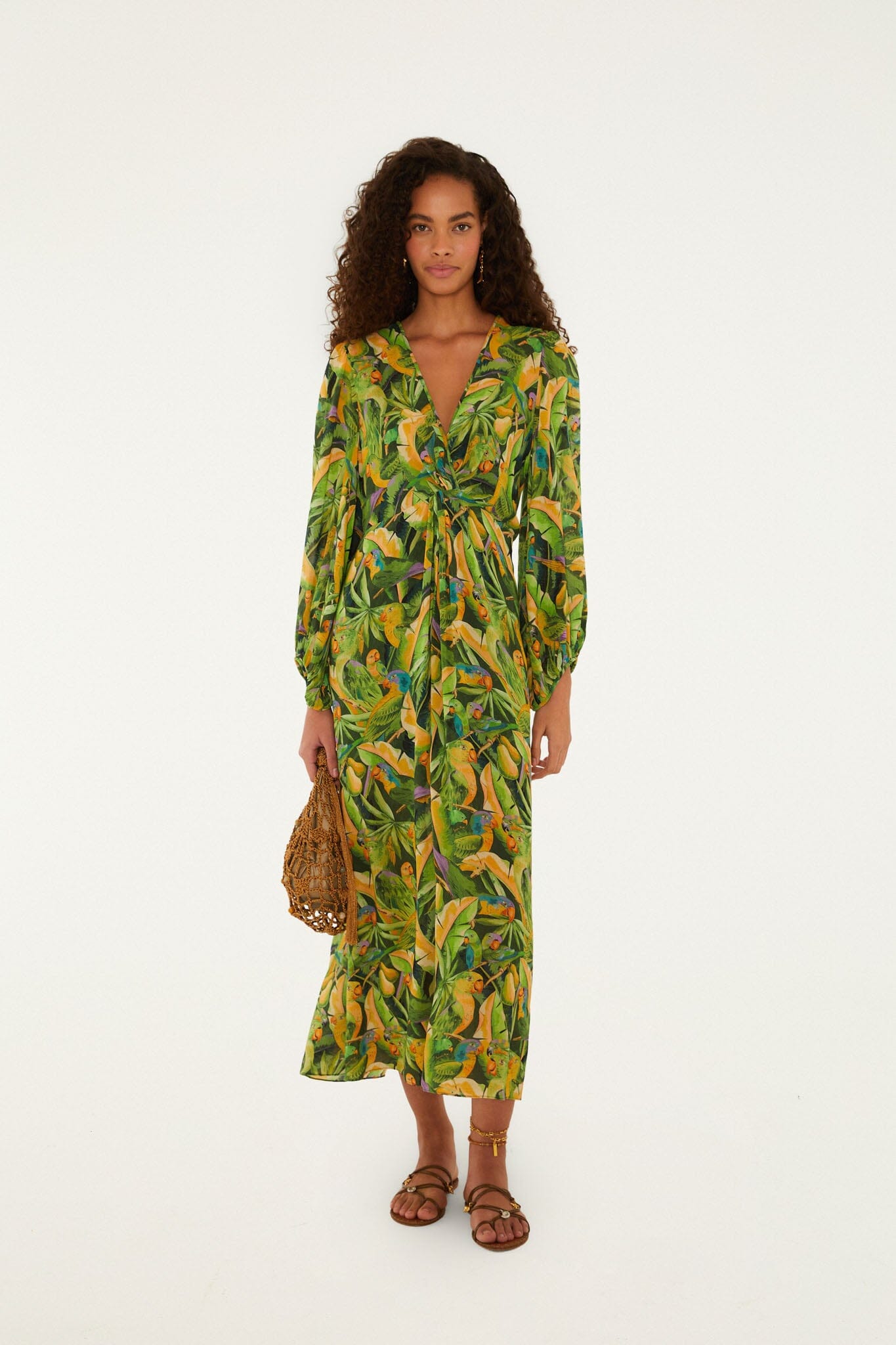 Green Forest Parrots Long Sleeve Midi Dress