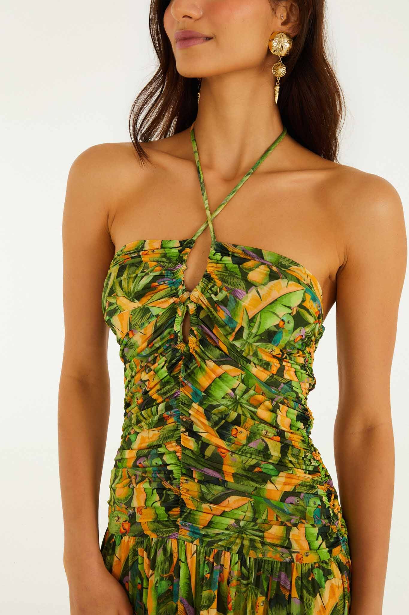 Green Forest Parrots Ruched Bodice Maxi Dress