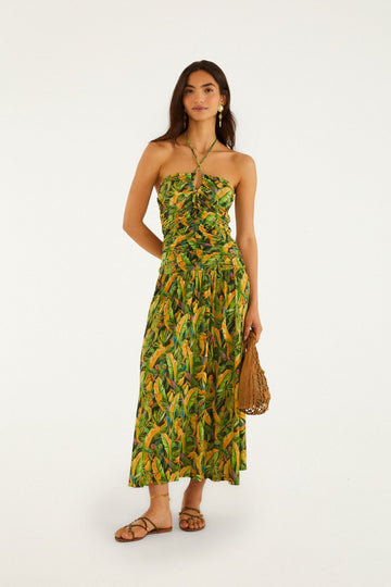Green Forest Parrots Ruched Bodice Maxi Dress