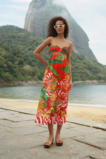 Red Fruit Trolley Sweetheart Neck Maxi Dress