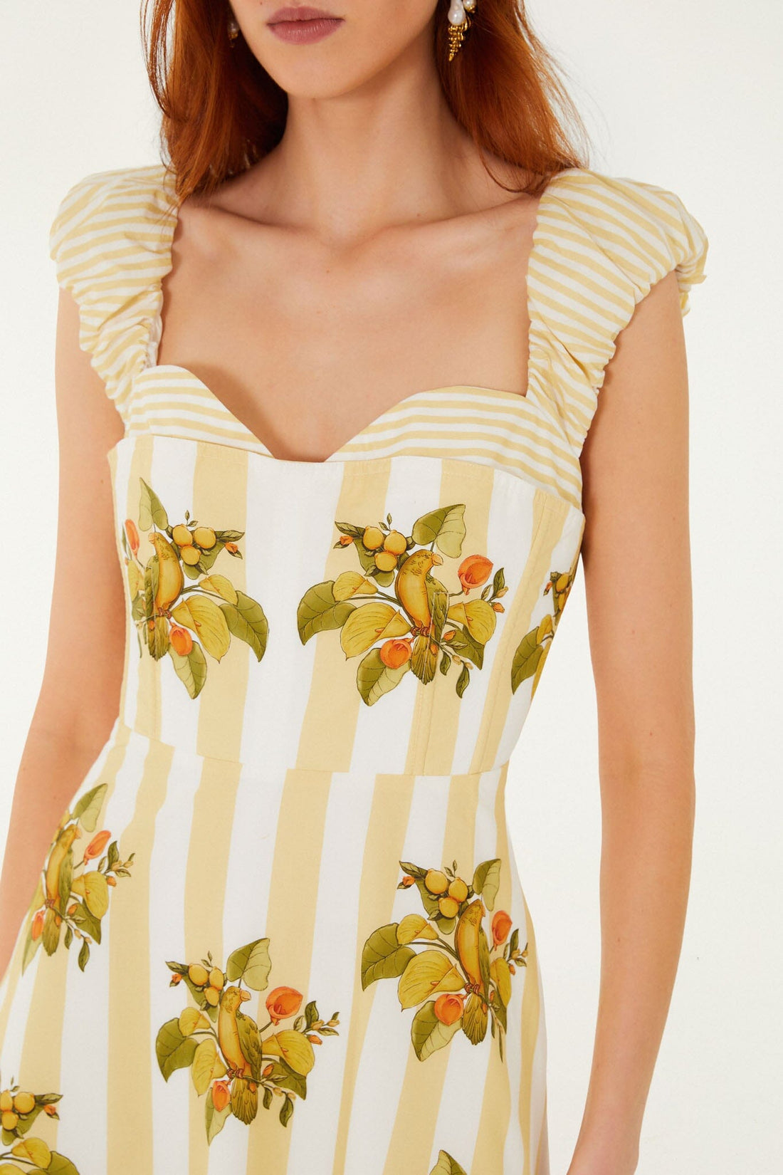 Yellow Lemon Birds Sweetheart Neck Midi Dress