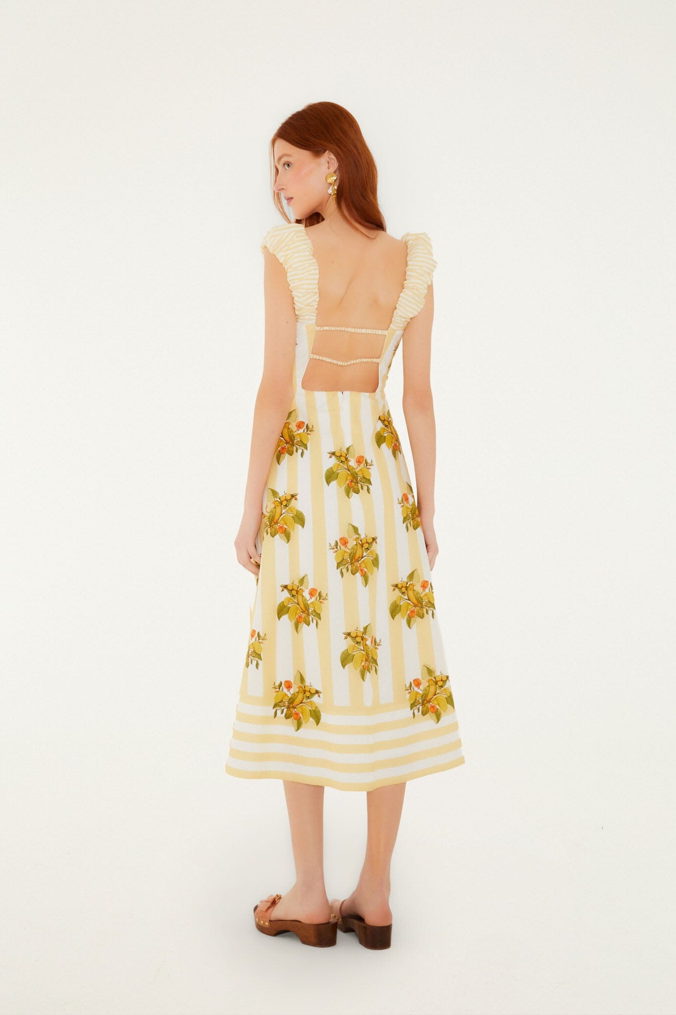 Yellow Lemon Birds Sweetheart Neck Midi Dress
