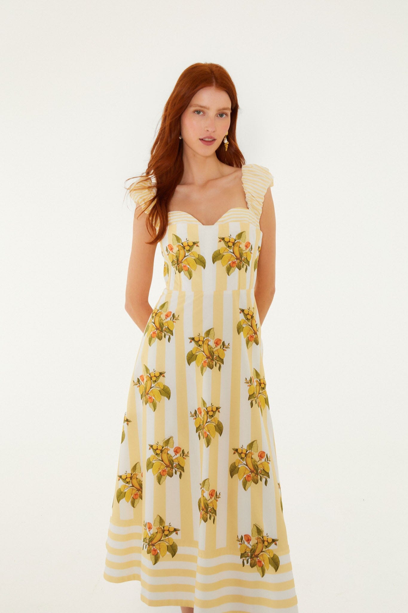 Yellow Lemon Birds Sweetheart Neck Midi Dress
