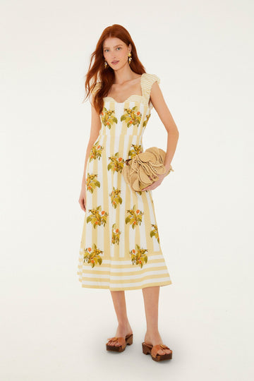 Yellow Lemon Birds Sweetheart Neck Midi Dress