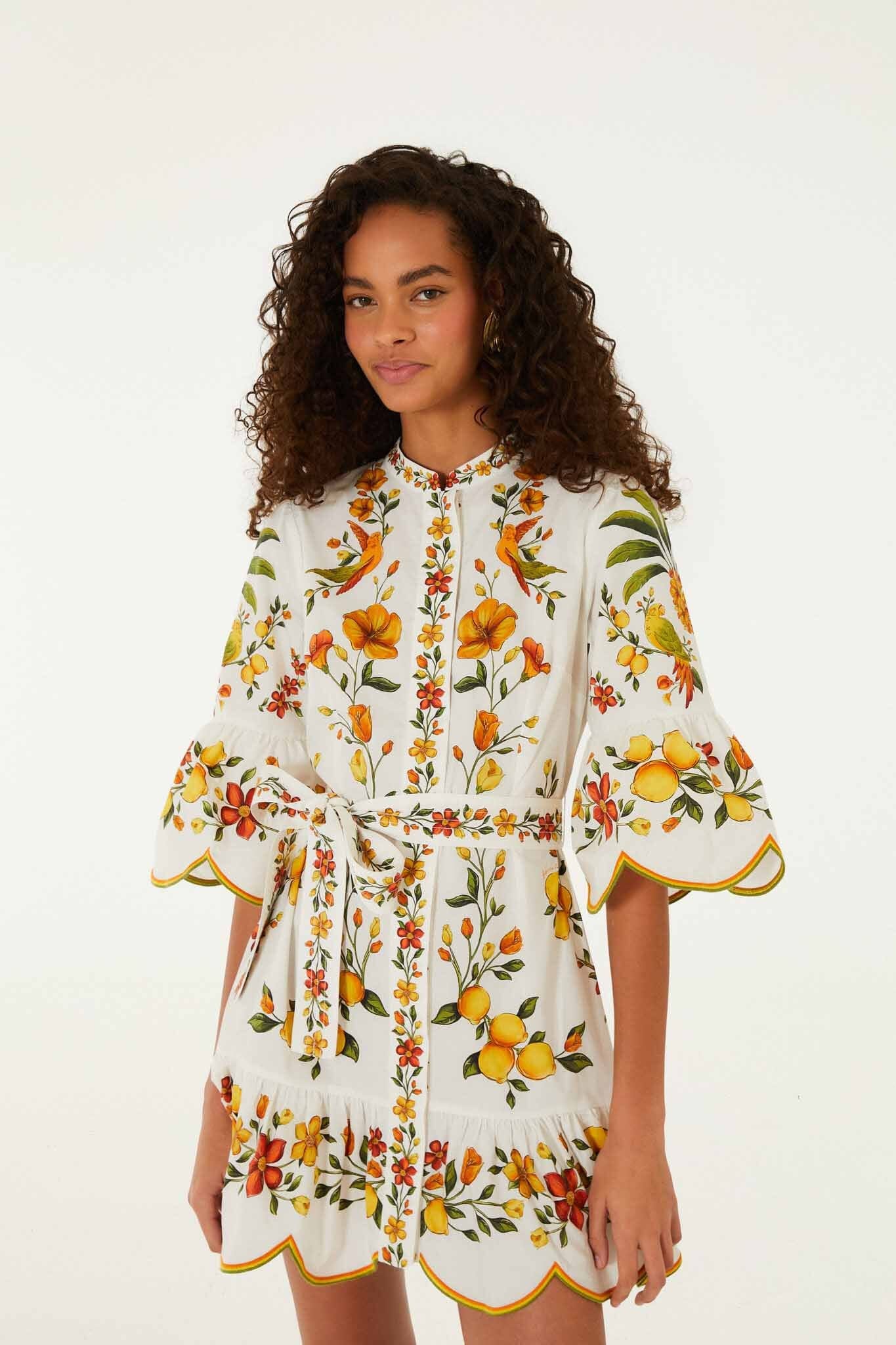Off-White Lemon Bouquet Belted Puff Sleeve Mini Dress