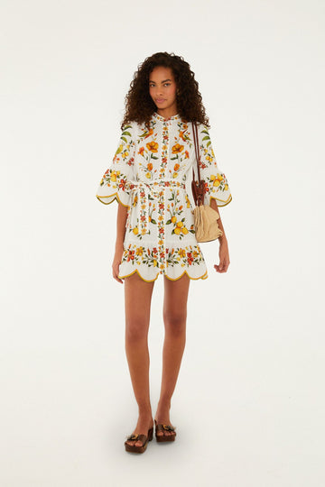 Off-White Lemon Bouquet Belted Puff Sleeve Mini Dress