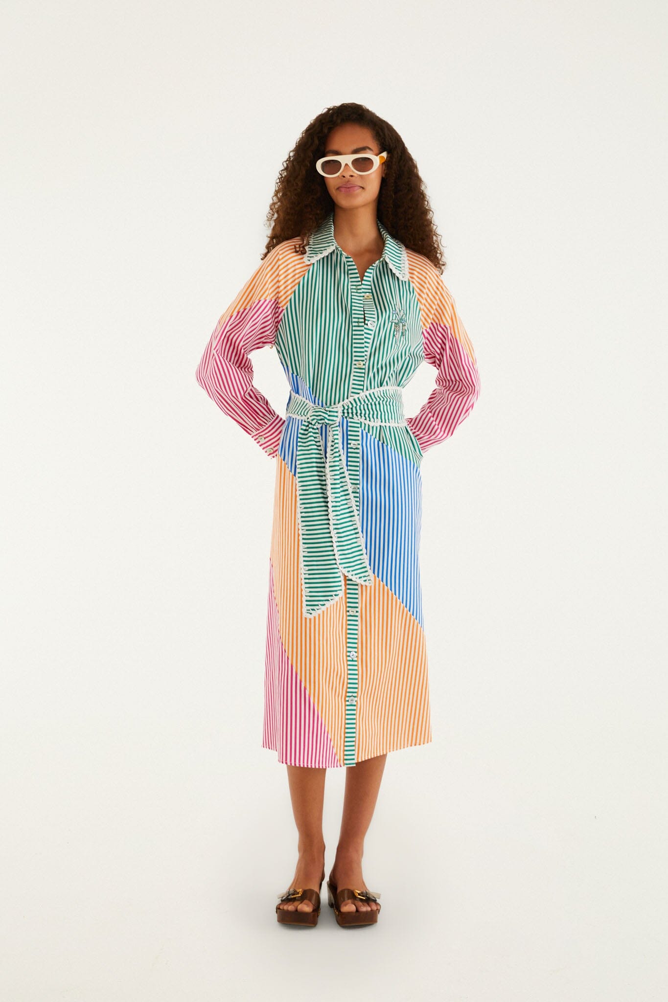 Multicolor Stripes Embroidered Belted  Midi Dress