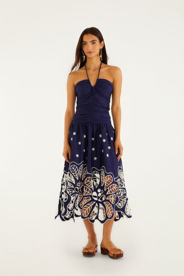Navy Blue Embroidered Richelieu Midi Dress