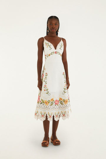 Off-White Flower Embroidery Asymetric Hem Midi Dress
