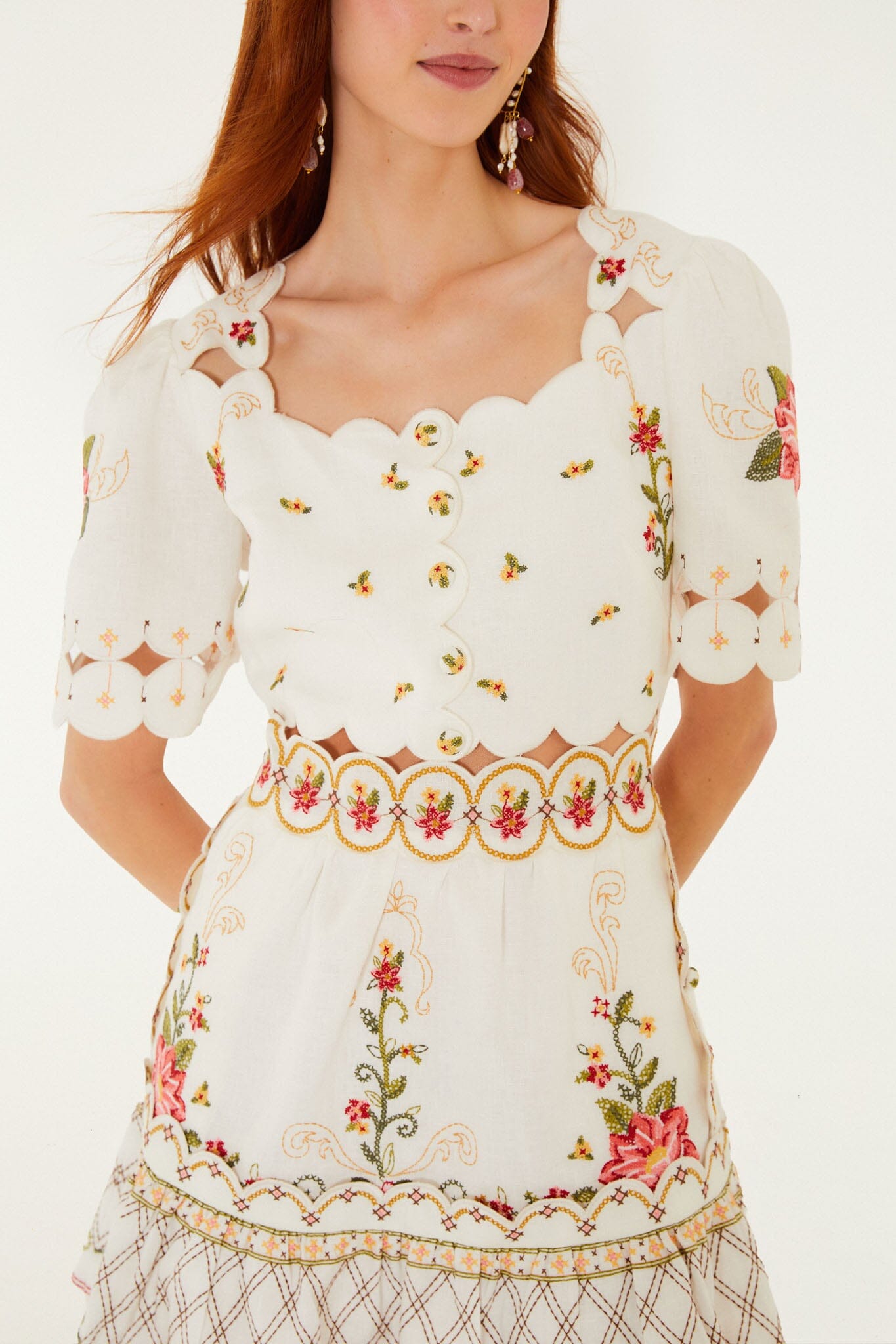 Off-White Flower Embroidery Scalloped Mini Dress