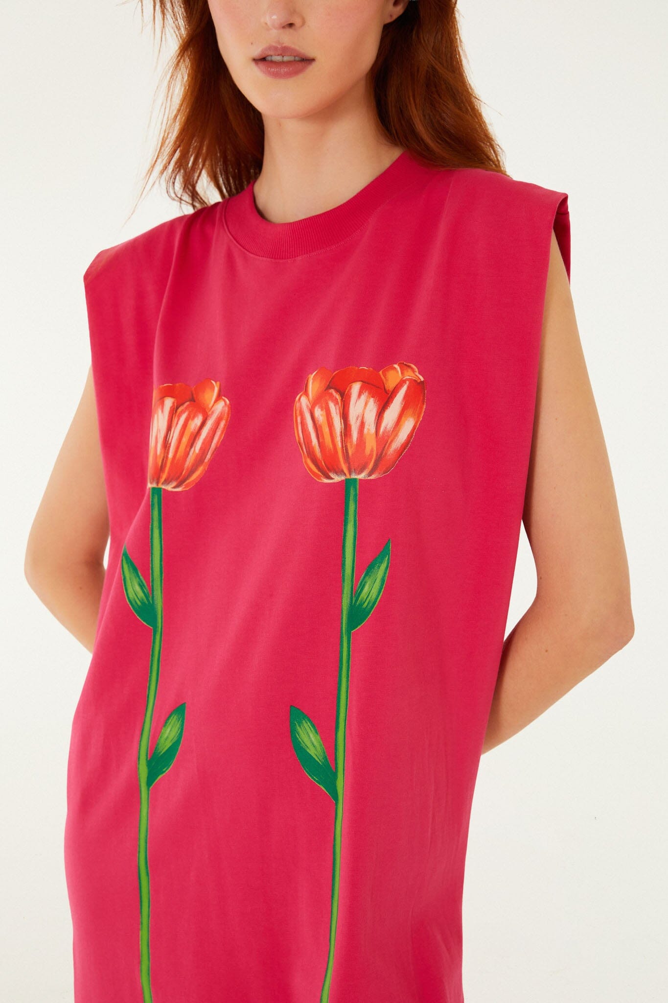 Pink Tropical Rose Padded Shoulders  Mini Dress