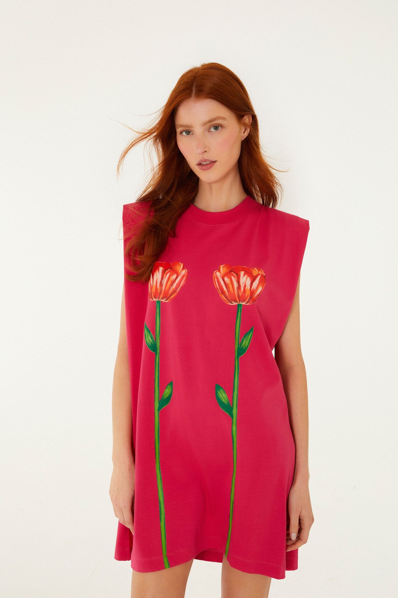 Pink Tropical Rose Padded Shoulders  Mini Dress