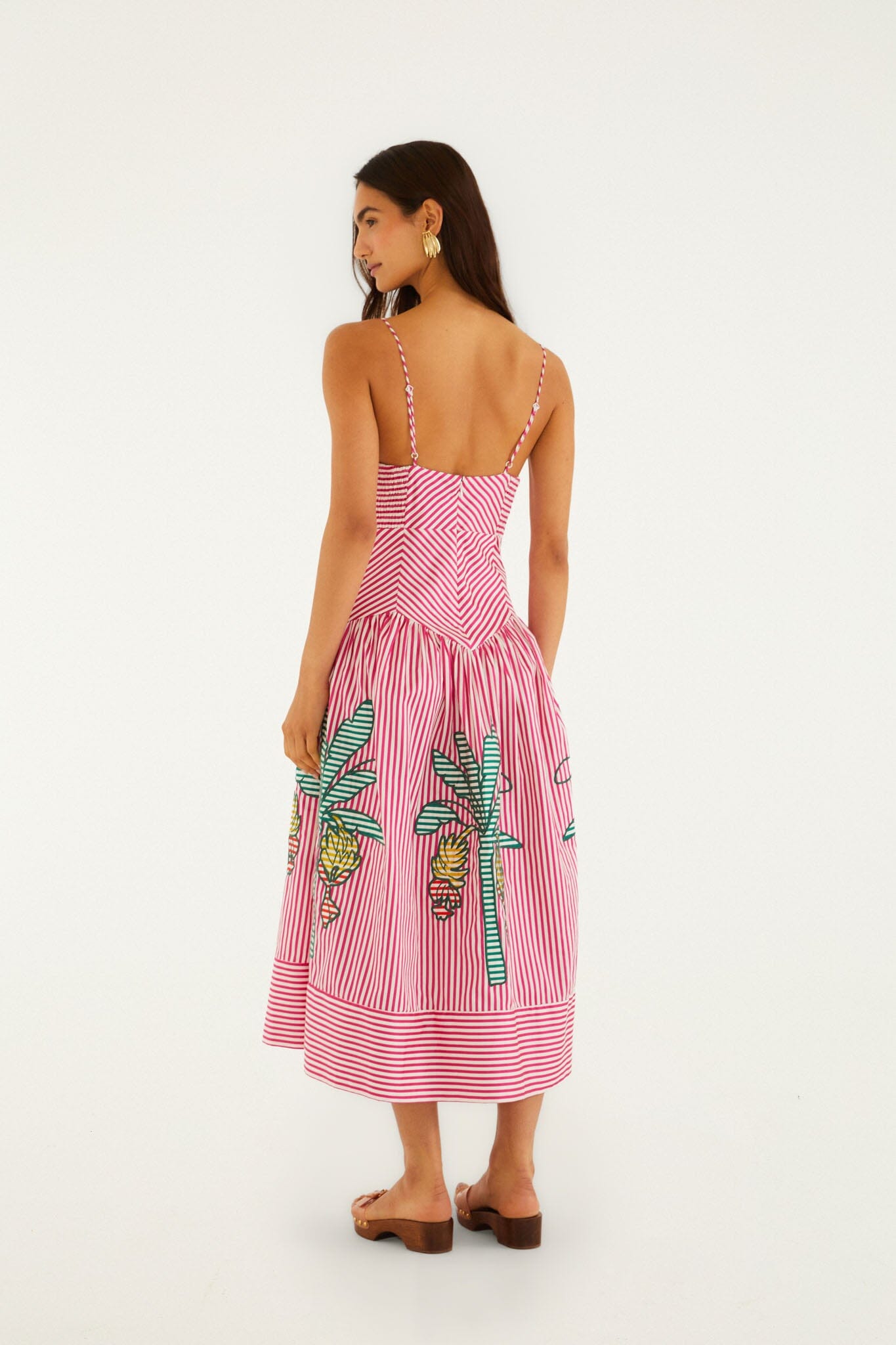 Pink Palm Tree Stripes Cutwork  Midi Dress