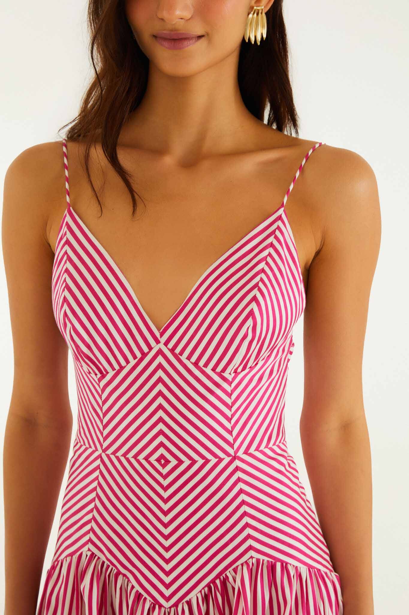 Pink Palm Tree Stripes Cutwork  Midi Dress