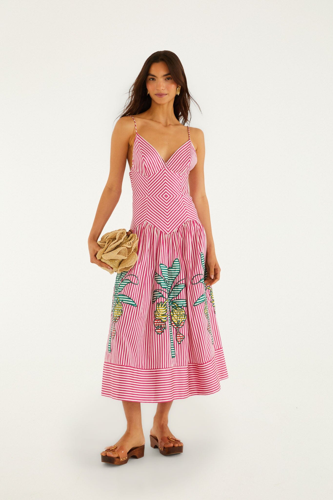Pink Palm Tree Stripes Cutwork  Midi Dress