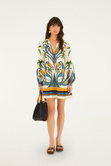 Sand Tropical Graphic Lace Ruffled Mini Dress
