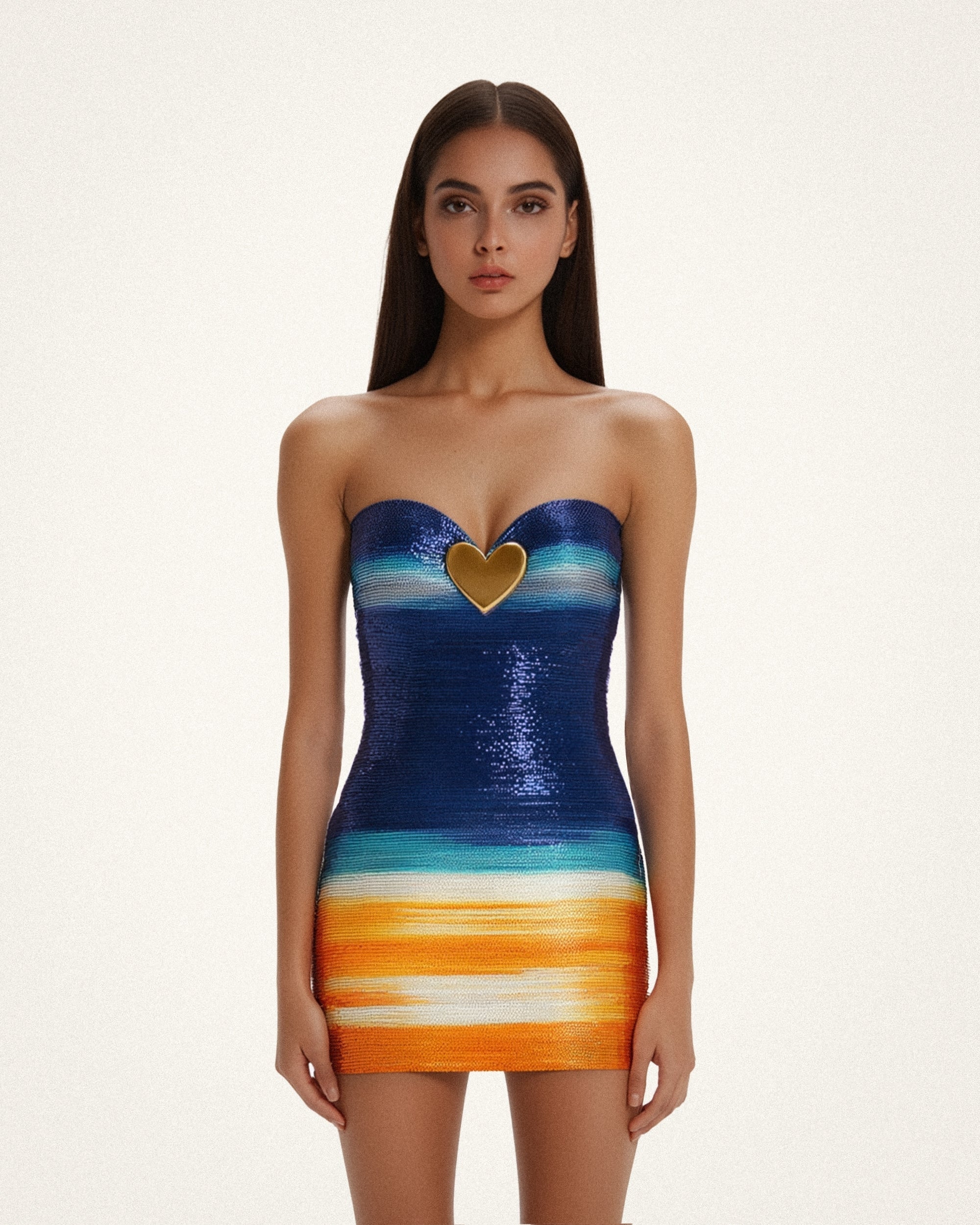 Olivia Metallic Heart Sequin Dress - Blue/Orange