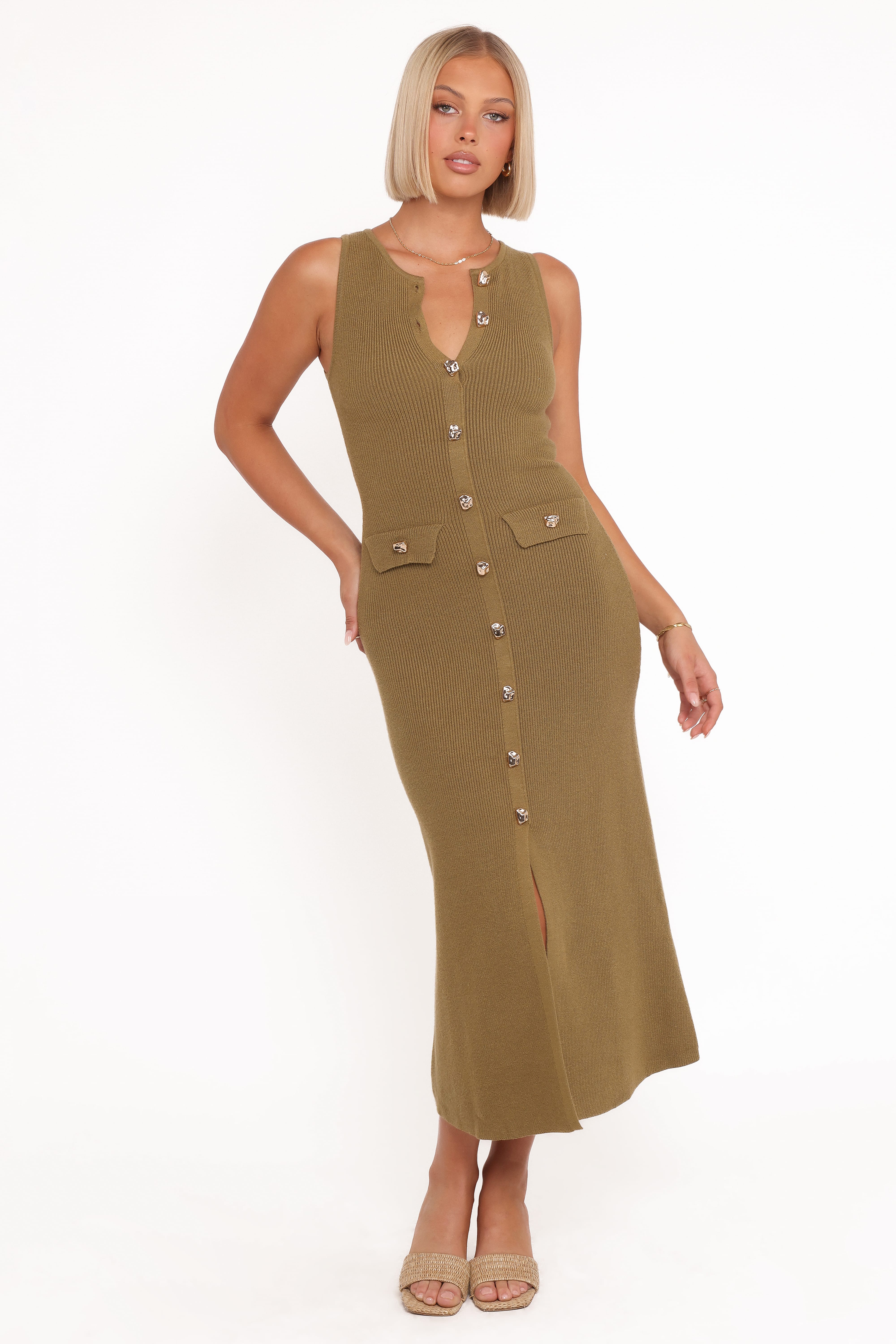 Aspen Button Up Knit Dress - Olive