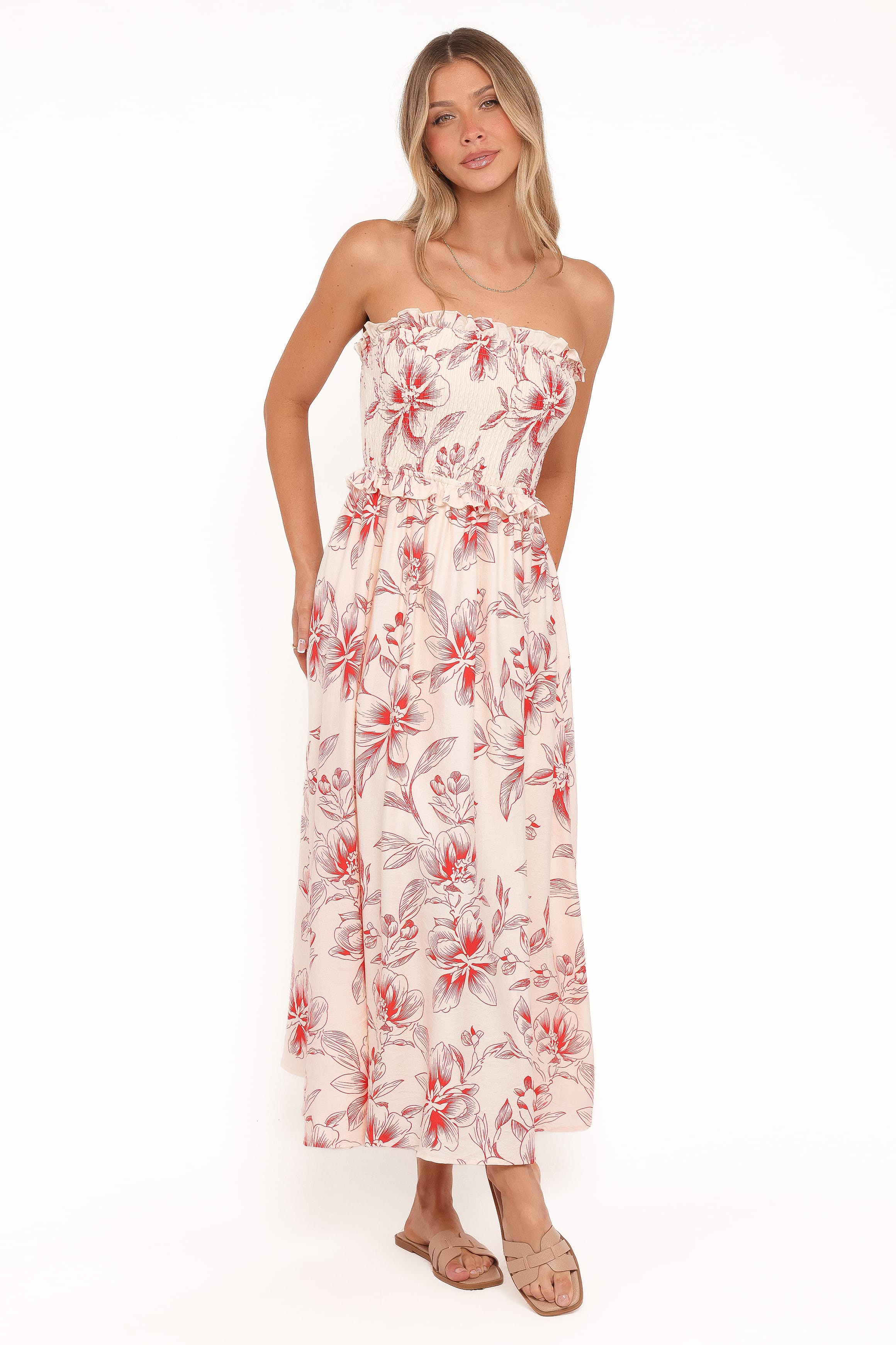 Avania Strapless Midi Dress - Red Floral