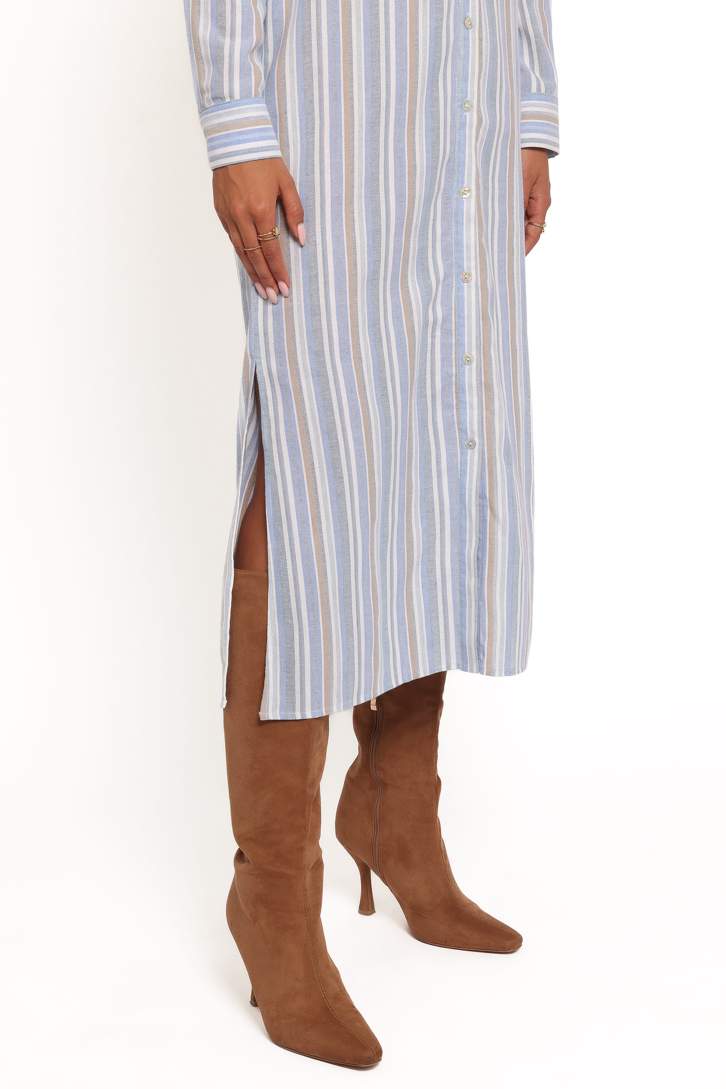 Caprice Long Sleeve Button Down Maxi Dress - Blue Stripe