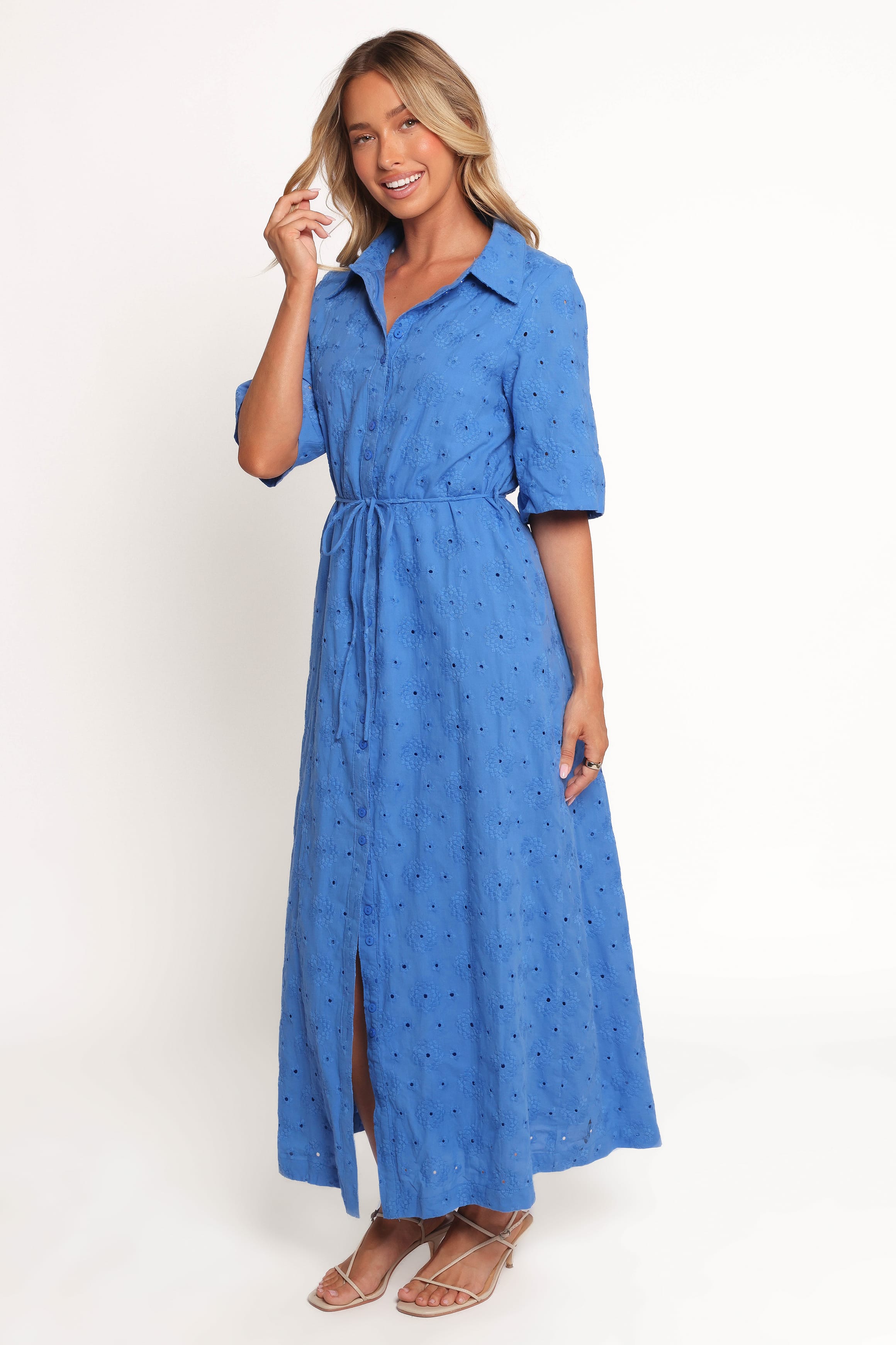 Cooper Embroidered Button Through Midi Dress - Cobalt