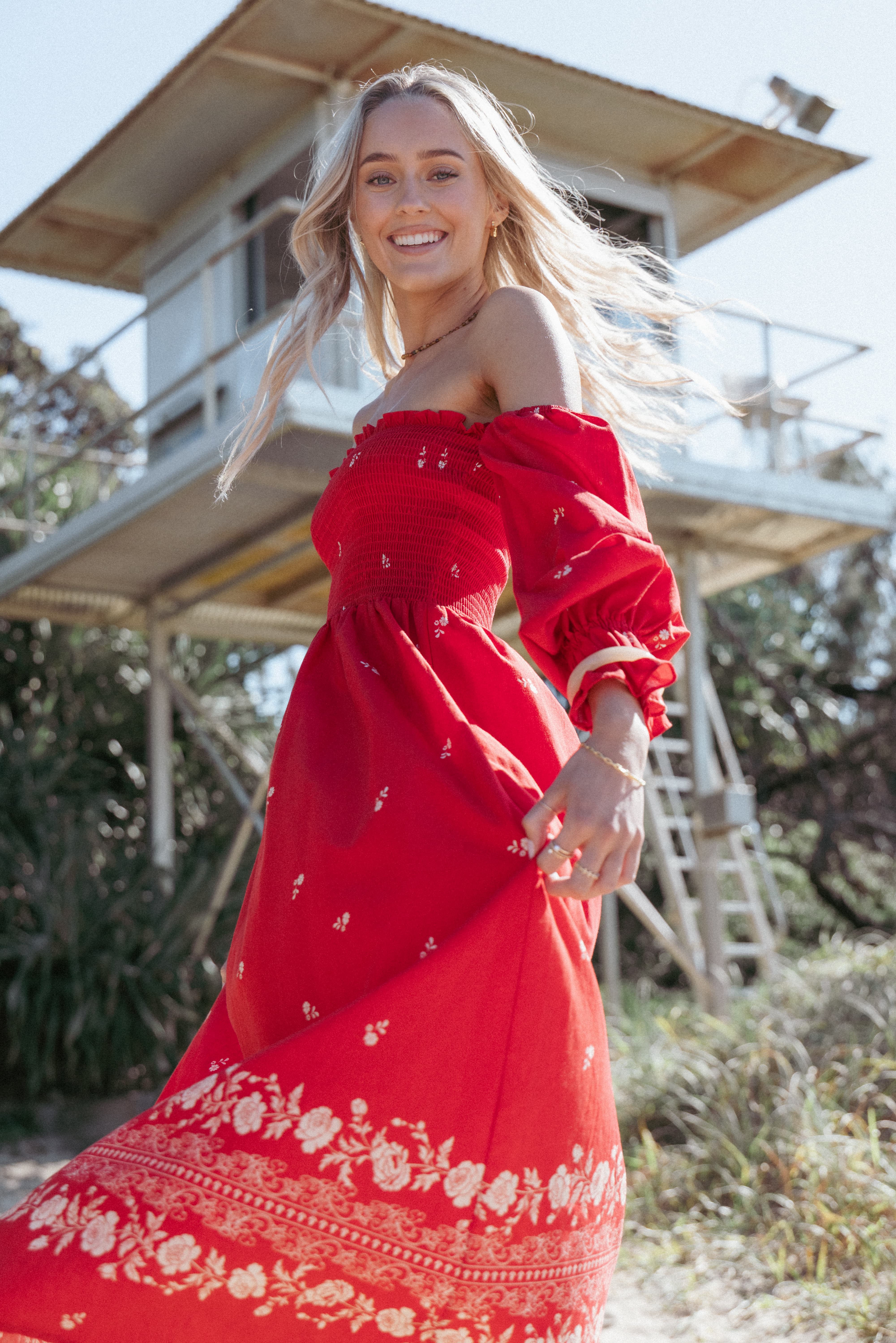 Domenica Shirred Long Sleeve Midi Dress - Red Floral Bandana
