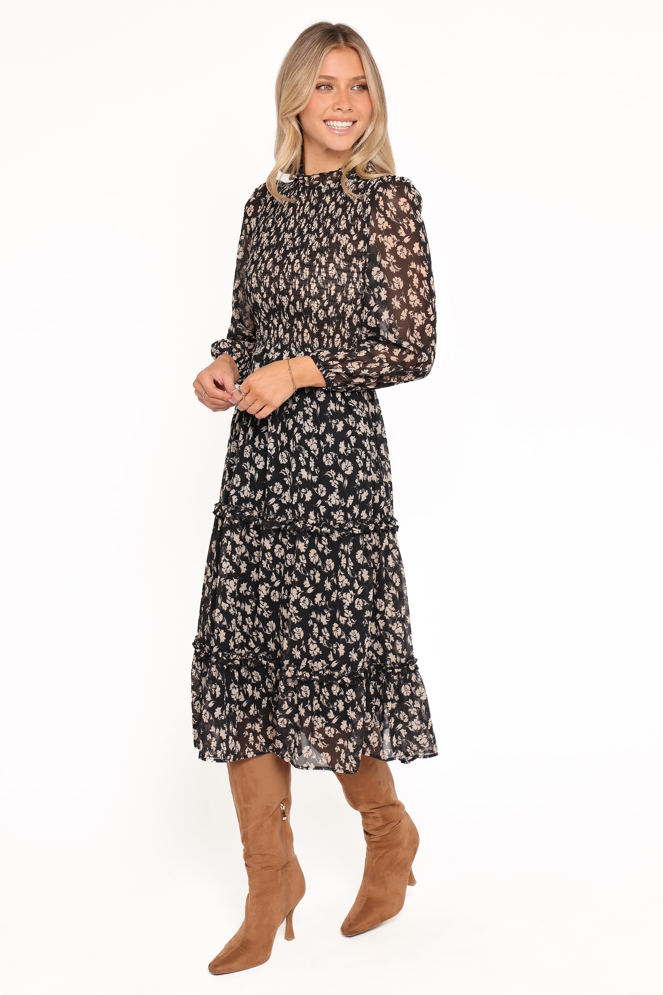 Edwina Shirred Frill Long Sleeve Midi Dress - Black Ditsy Floral