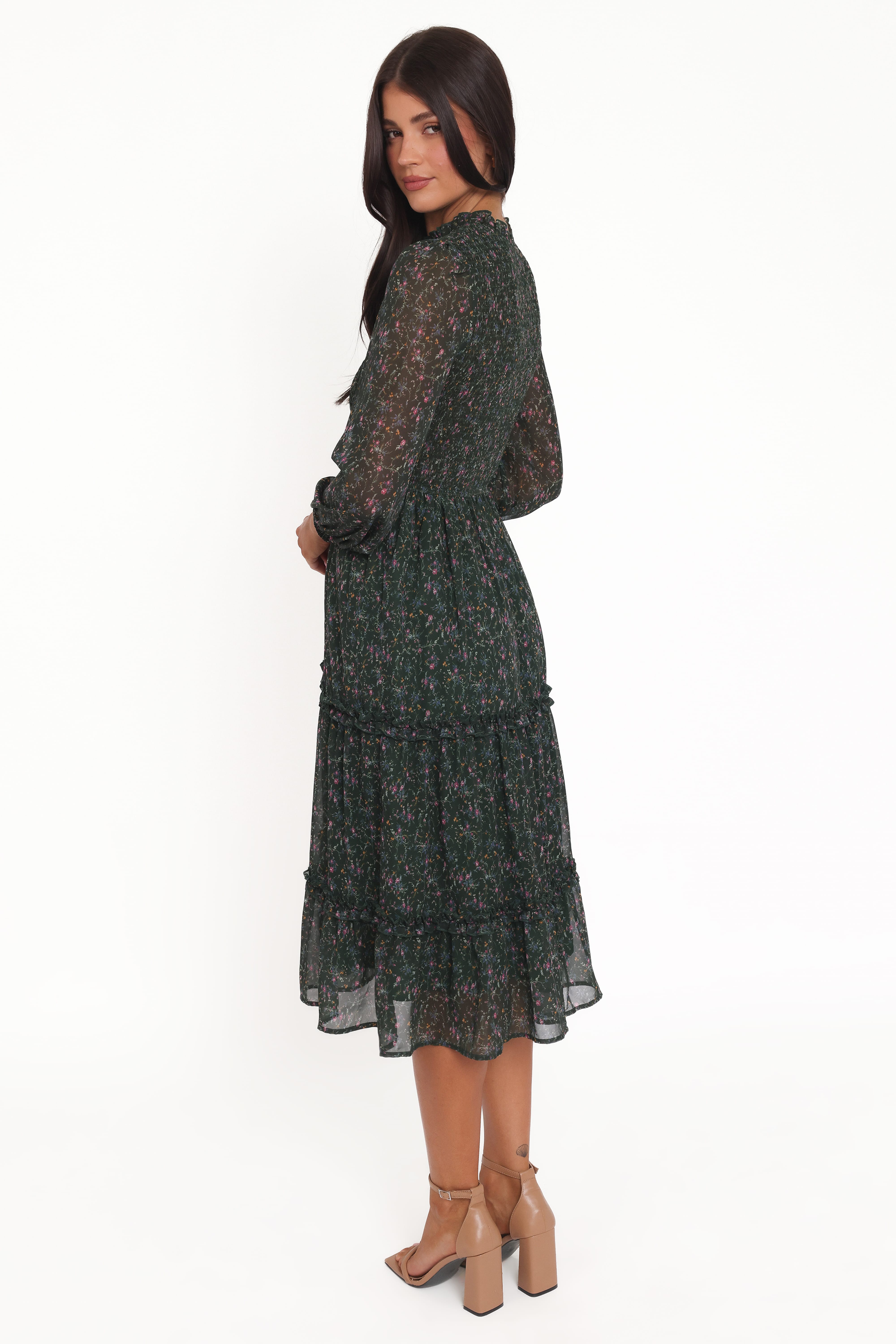 Edwina Shirred Frill Long Sleeve Midi Dress - Olive Floral