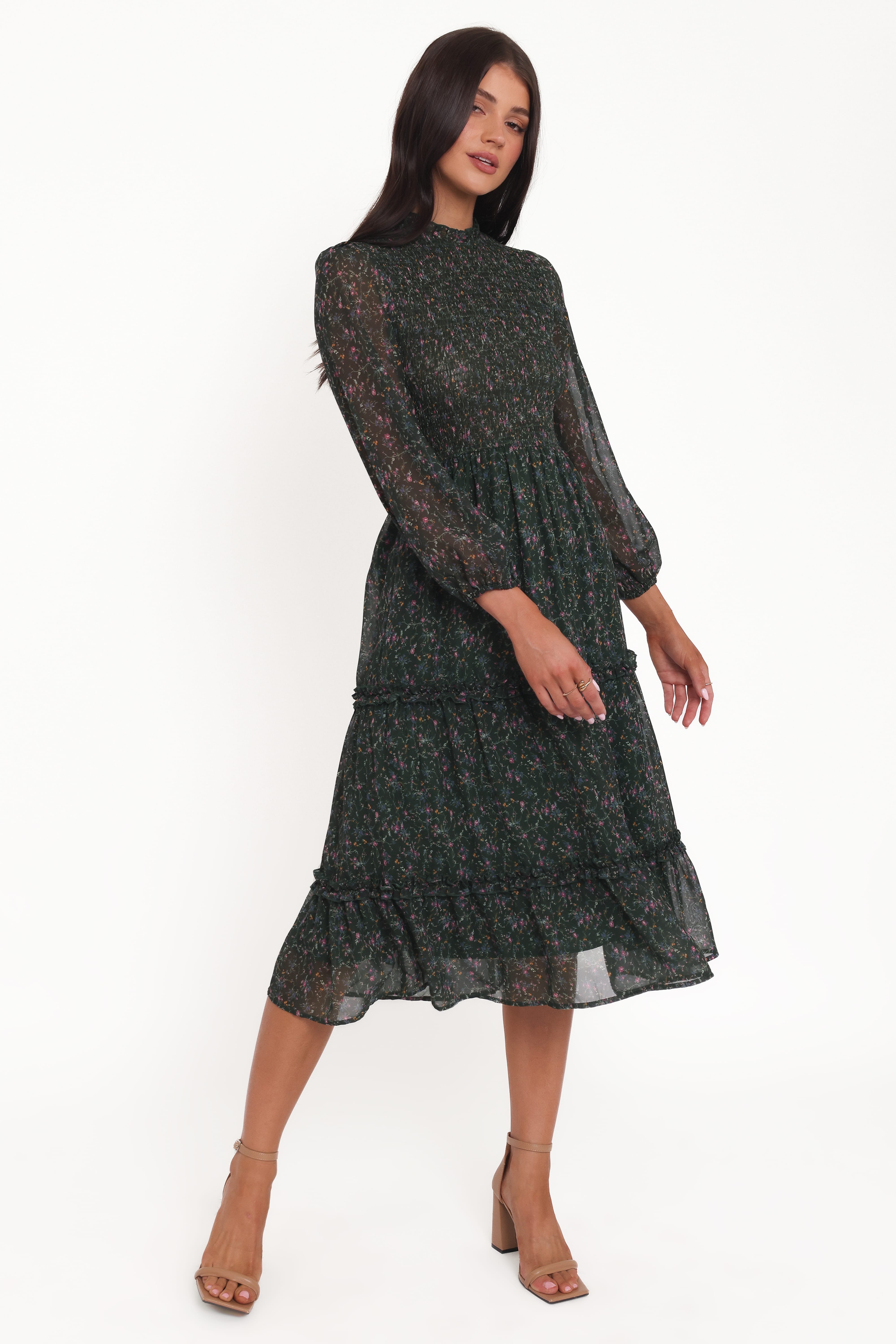 Edwina Shirred Frill Long Sleeve Midi Dress - Olive Floral