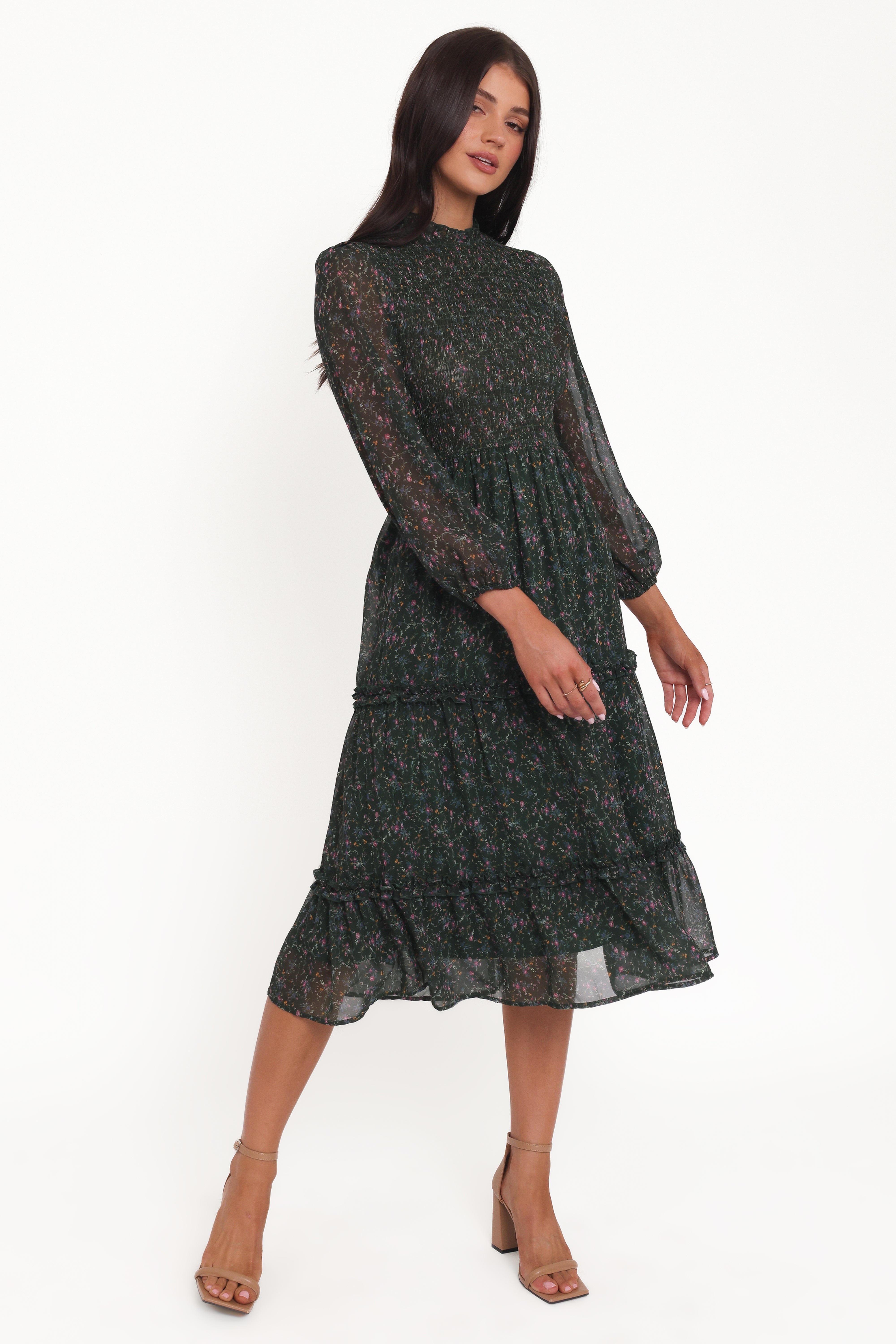 Edwina Shirred Frill Long Sleeve Midi Dress - Olive Floral