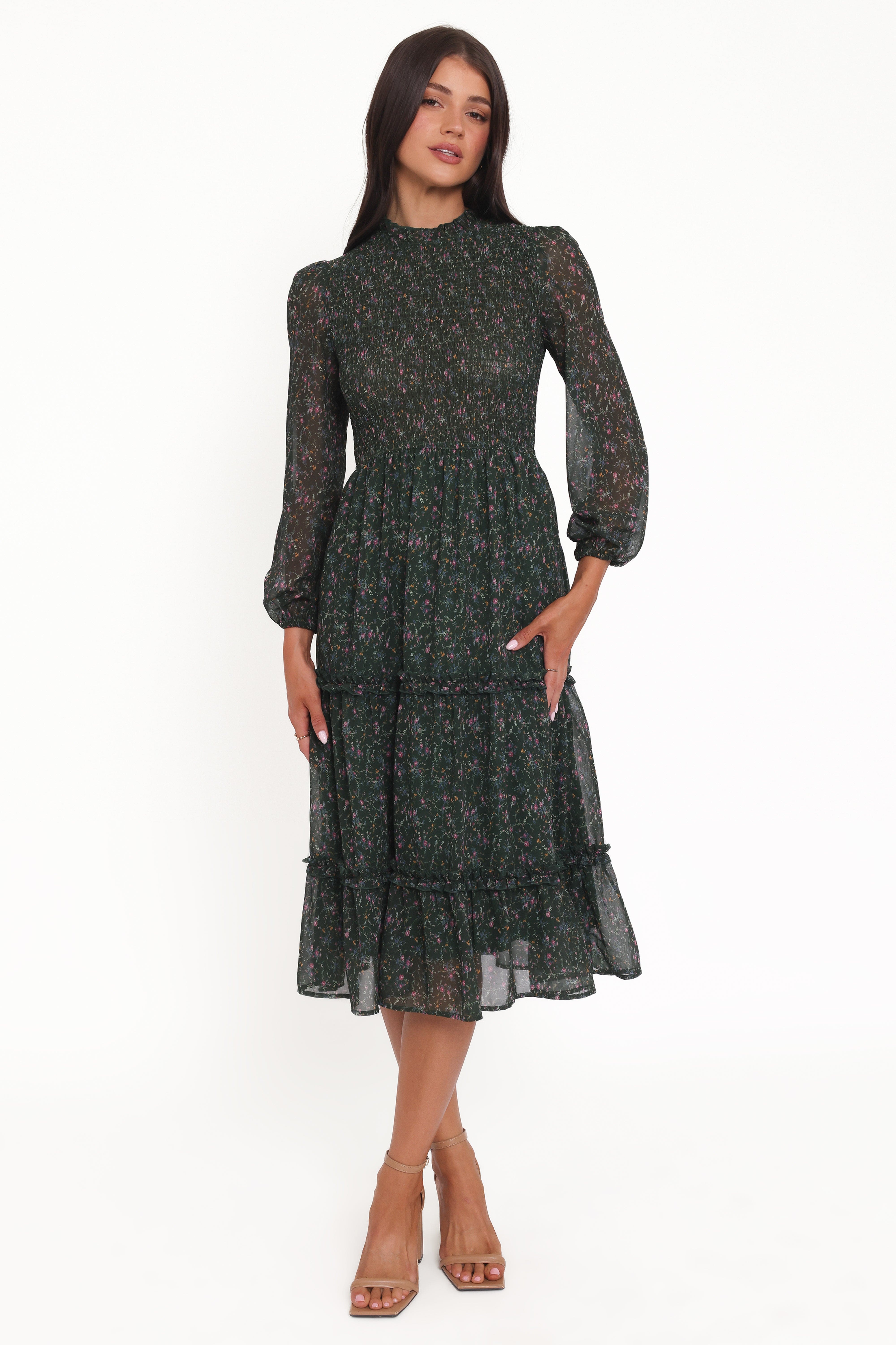 Edwina Shirred Frill Long Sleeve Midi Dress - Olive Floral