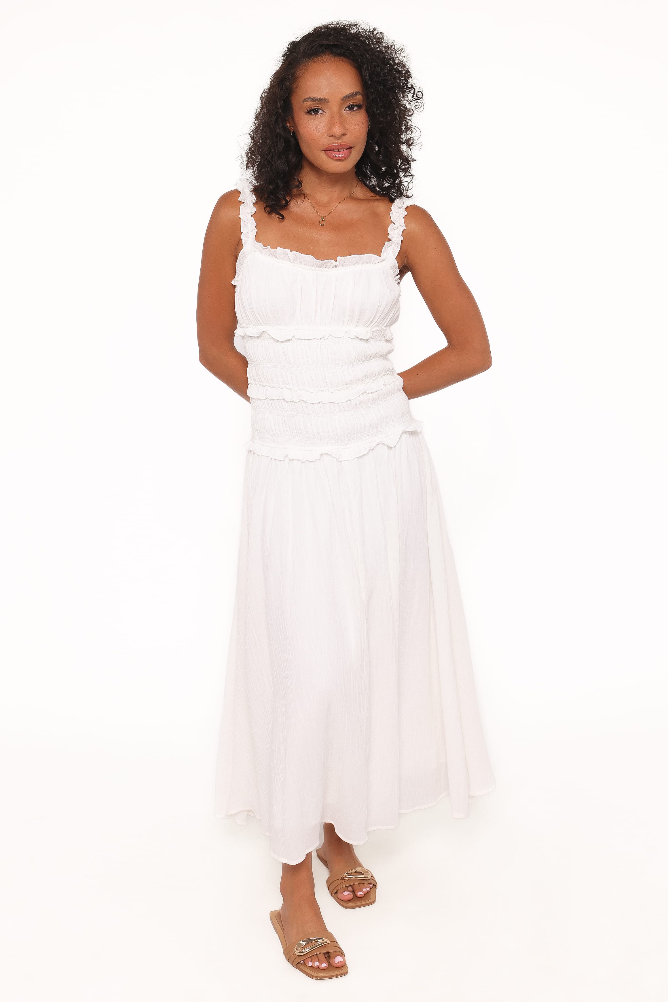 Enola Gather Midi Dress - White