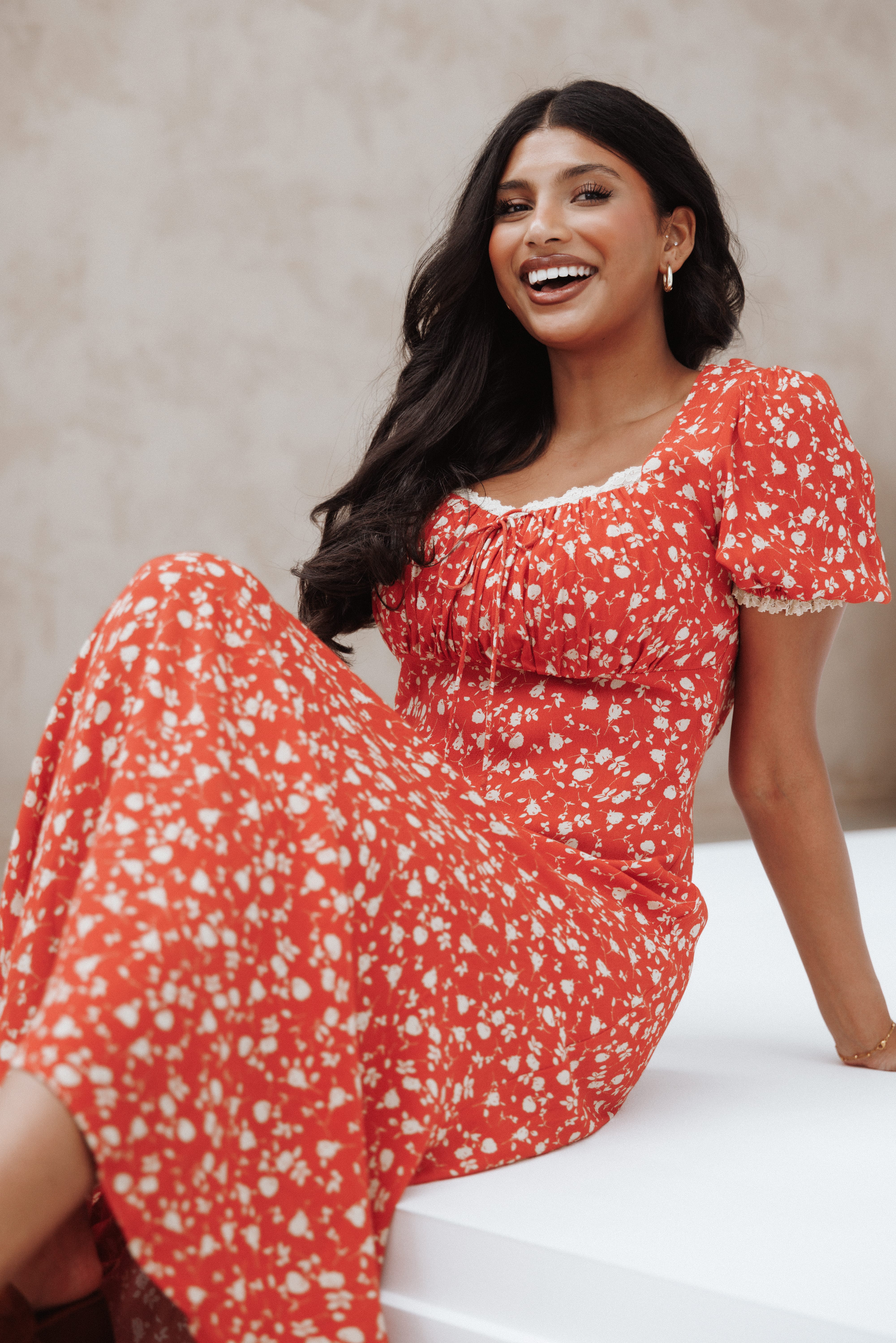Francine Lace Midi Dress - Red Floral