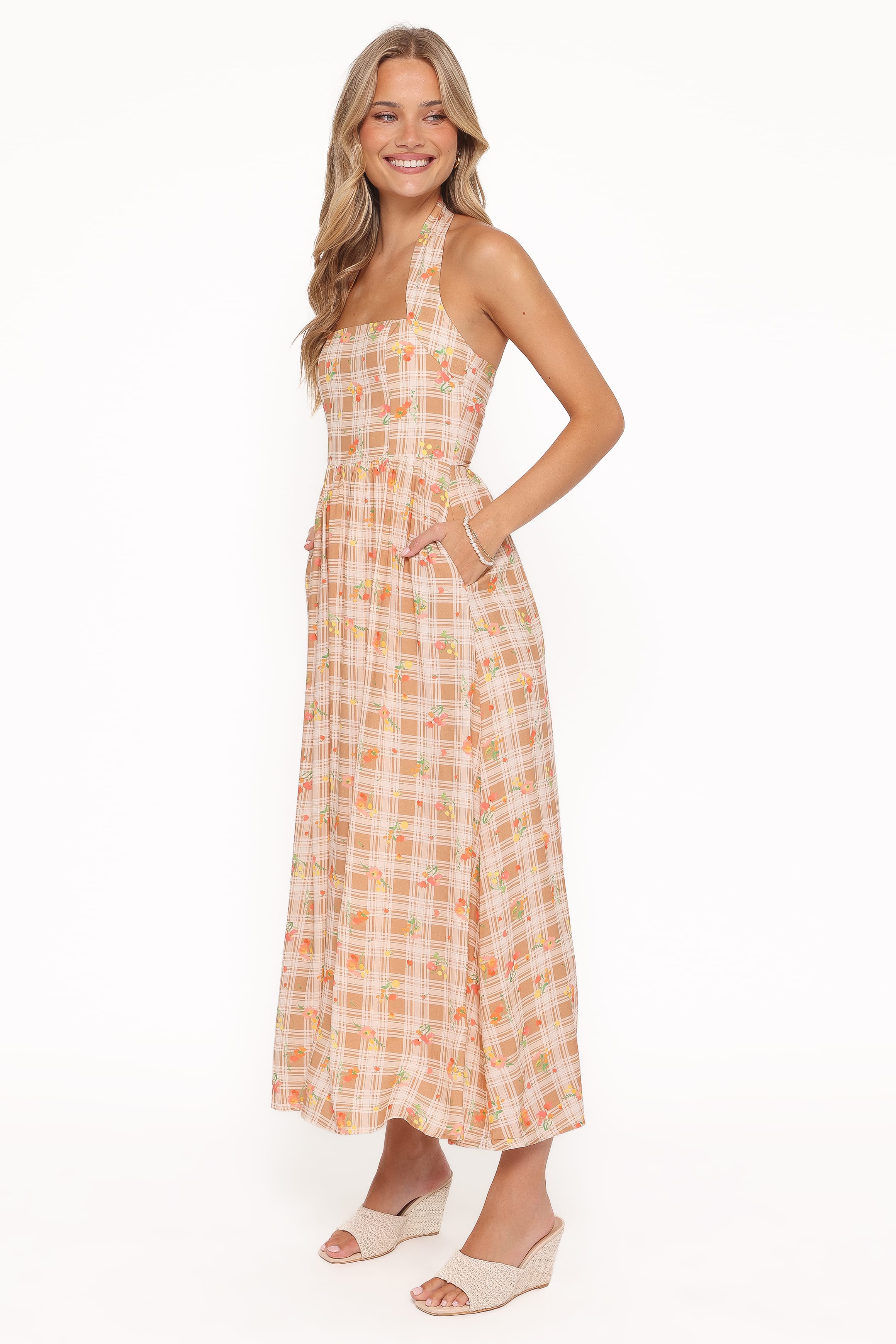 Gemini Halterneck Maxi Dress - Yellow Floral Gingham
