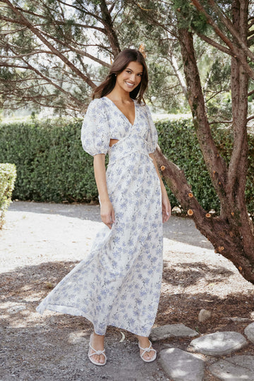Jemima Puff Shoulder Maxi Dress - Blue Floral