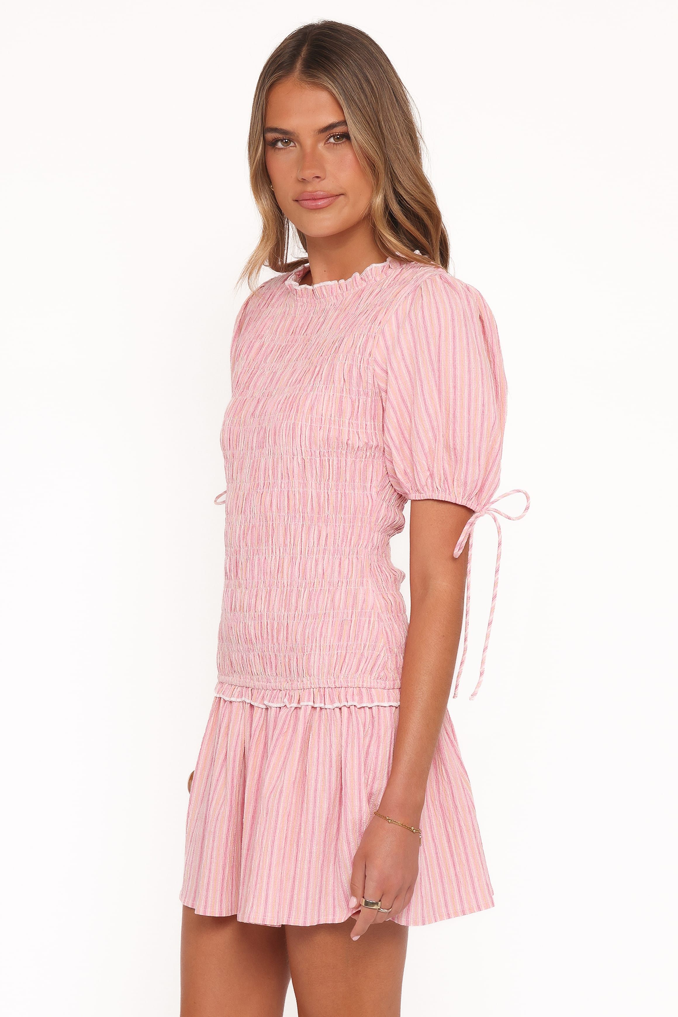Kaelyn Gather Mini Dress - Pink Stripe