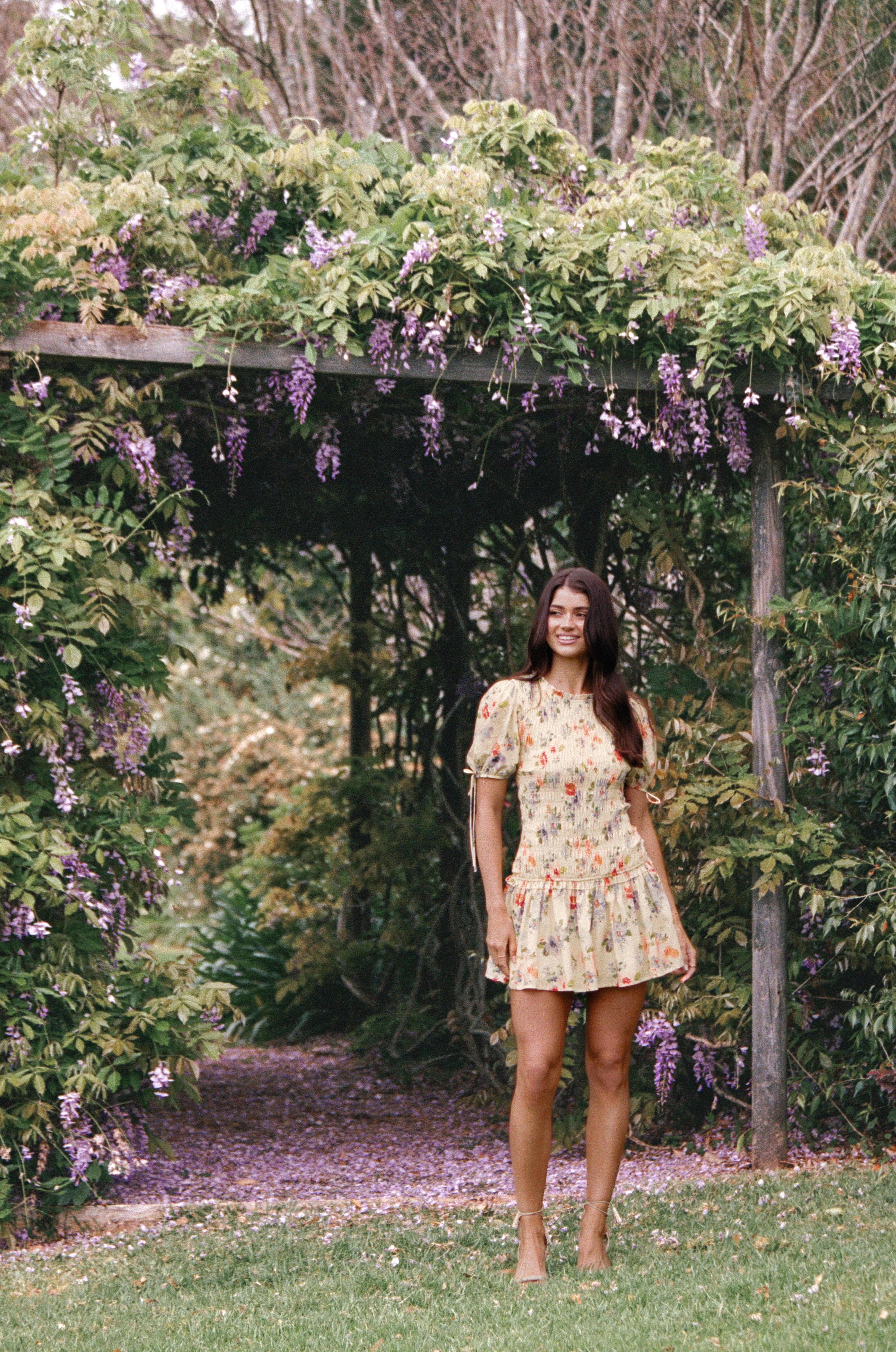Kaelyn Gather Mini Dress - Yellow Floral