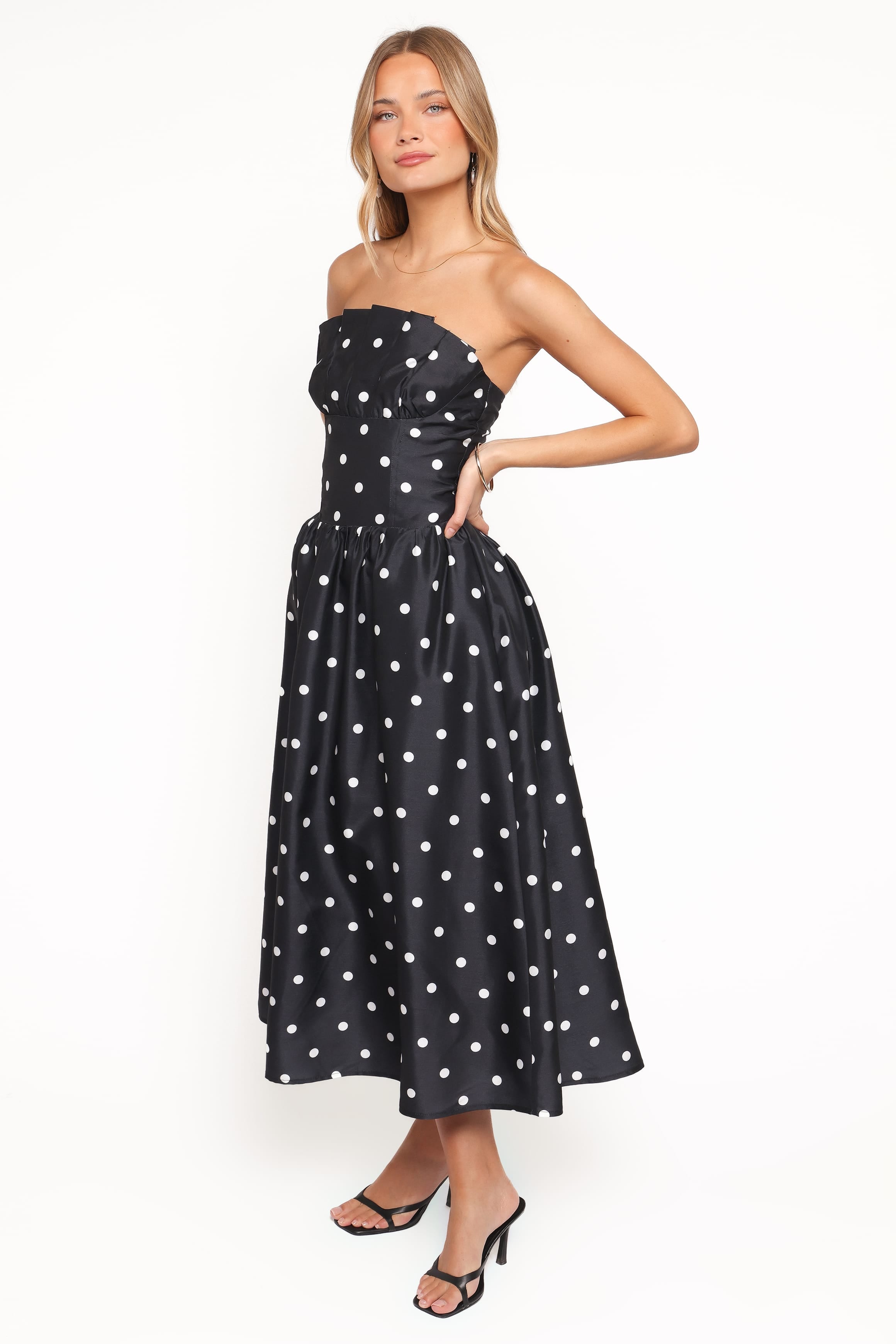 Kimbra Strapless Midi Dress - Black Polka Dot