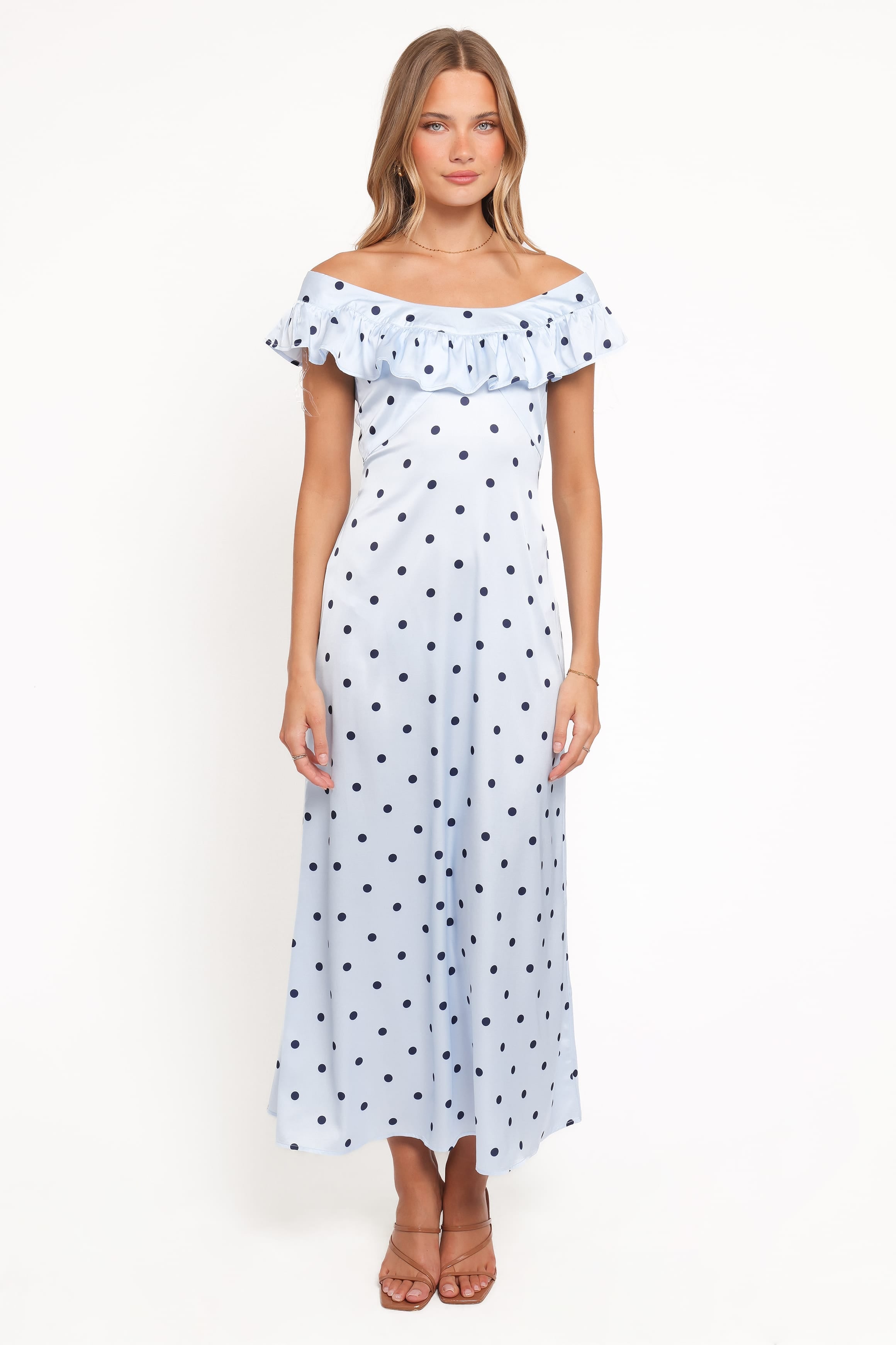 Manaris Off Shoulder Maxi Dress - Blue Polka Dot