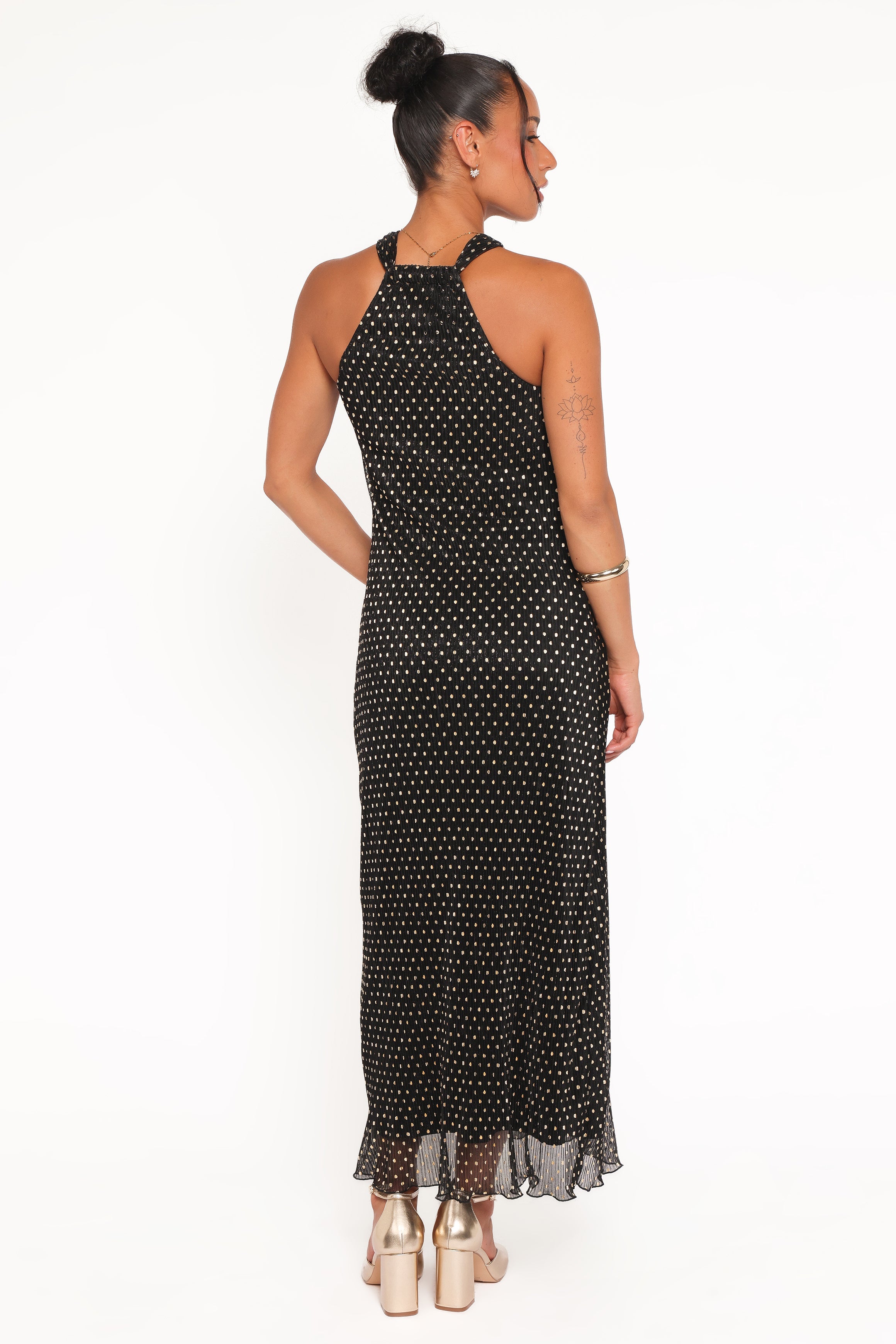 Melody Plisse Halter Maxi Dress - Black/Gold Polka Dot